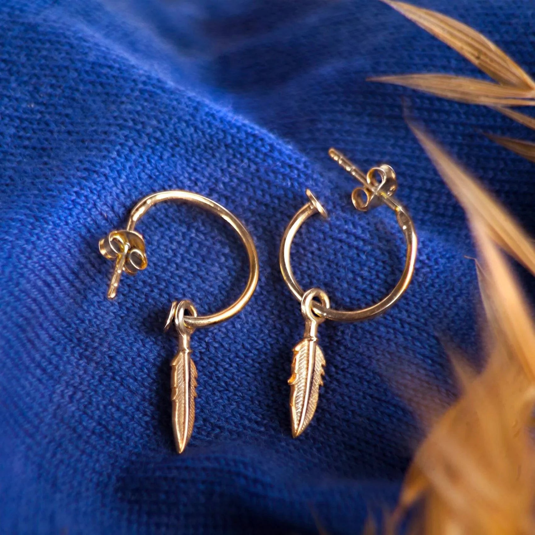 Open Hoop Earring with Feather Charm in Gold Vermeil