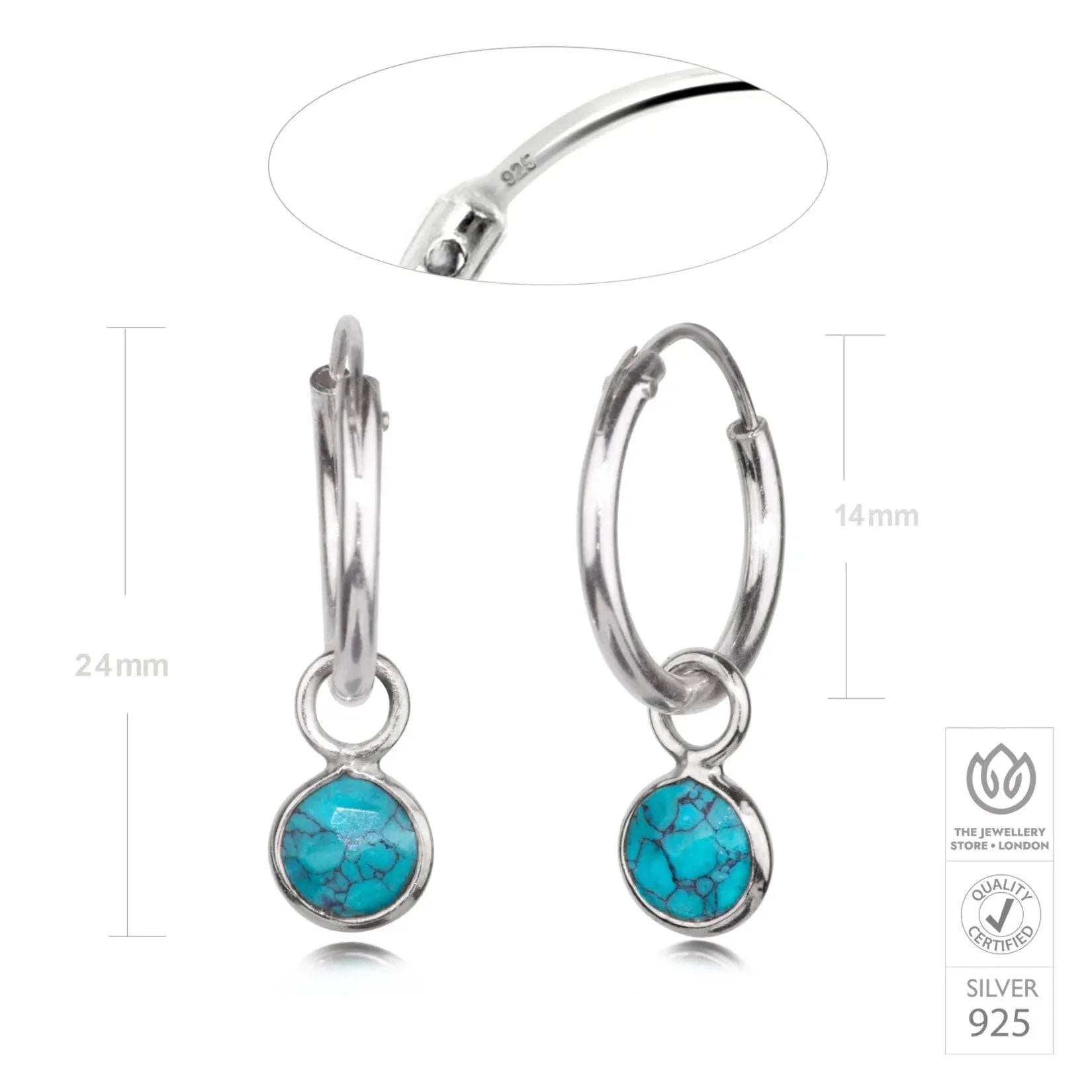 December Birthstone Hoop Earrings with Tibetan Turquoise Charm in Sterling Silver