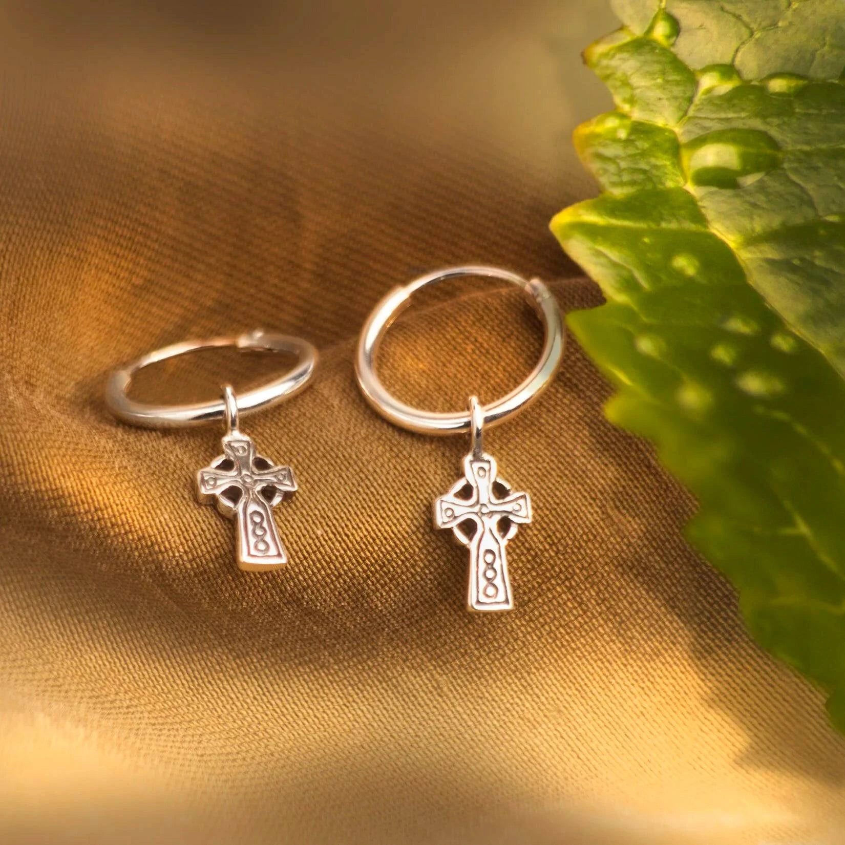Hoop Earrings with Cross Charm in Sterling Silver