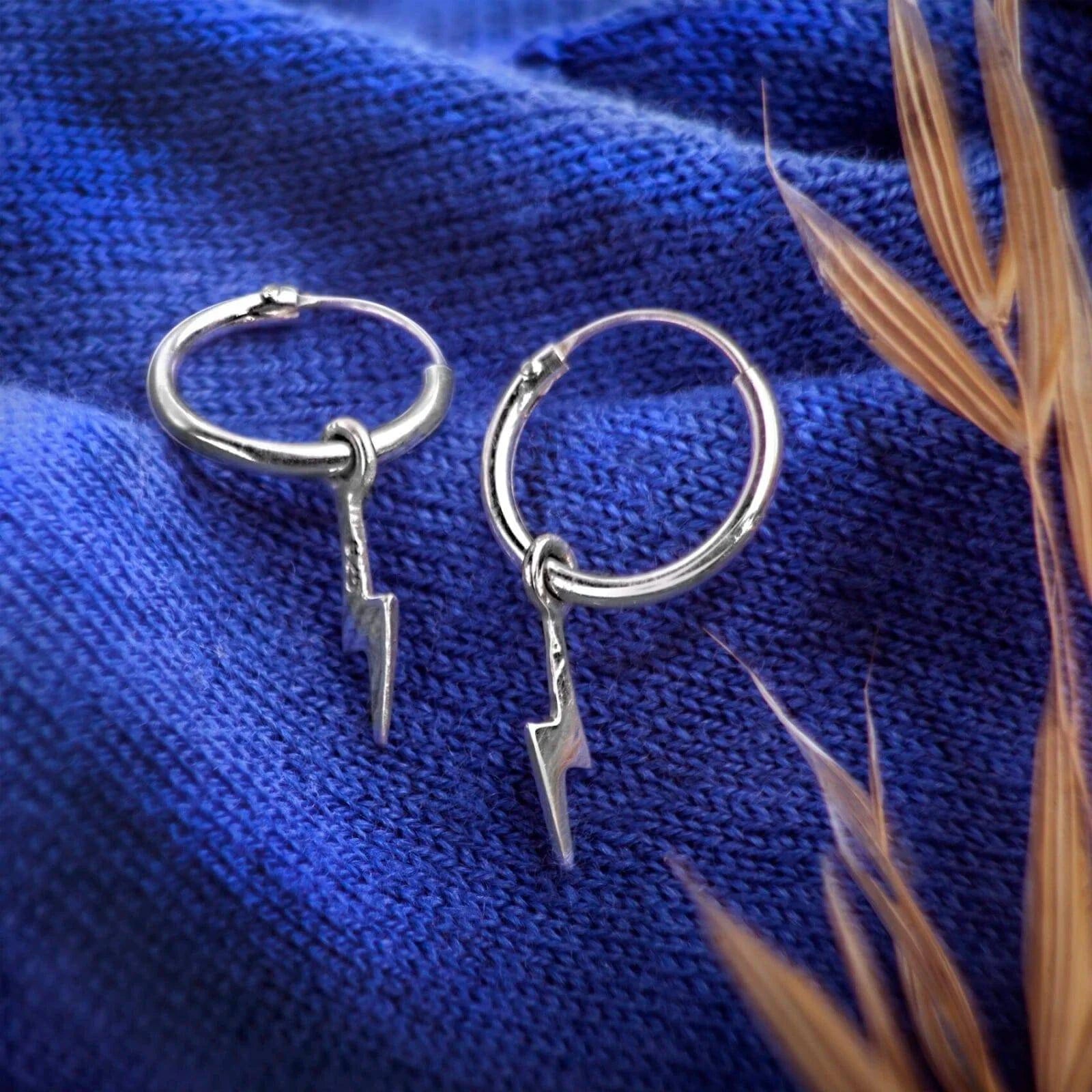 Hoop Earrings with Lightning Bolt Charm in Sterling Silver