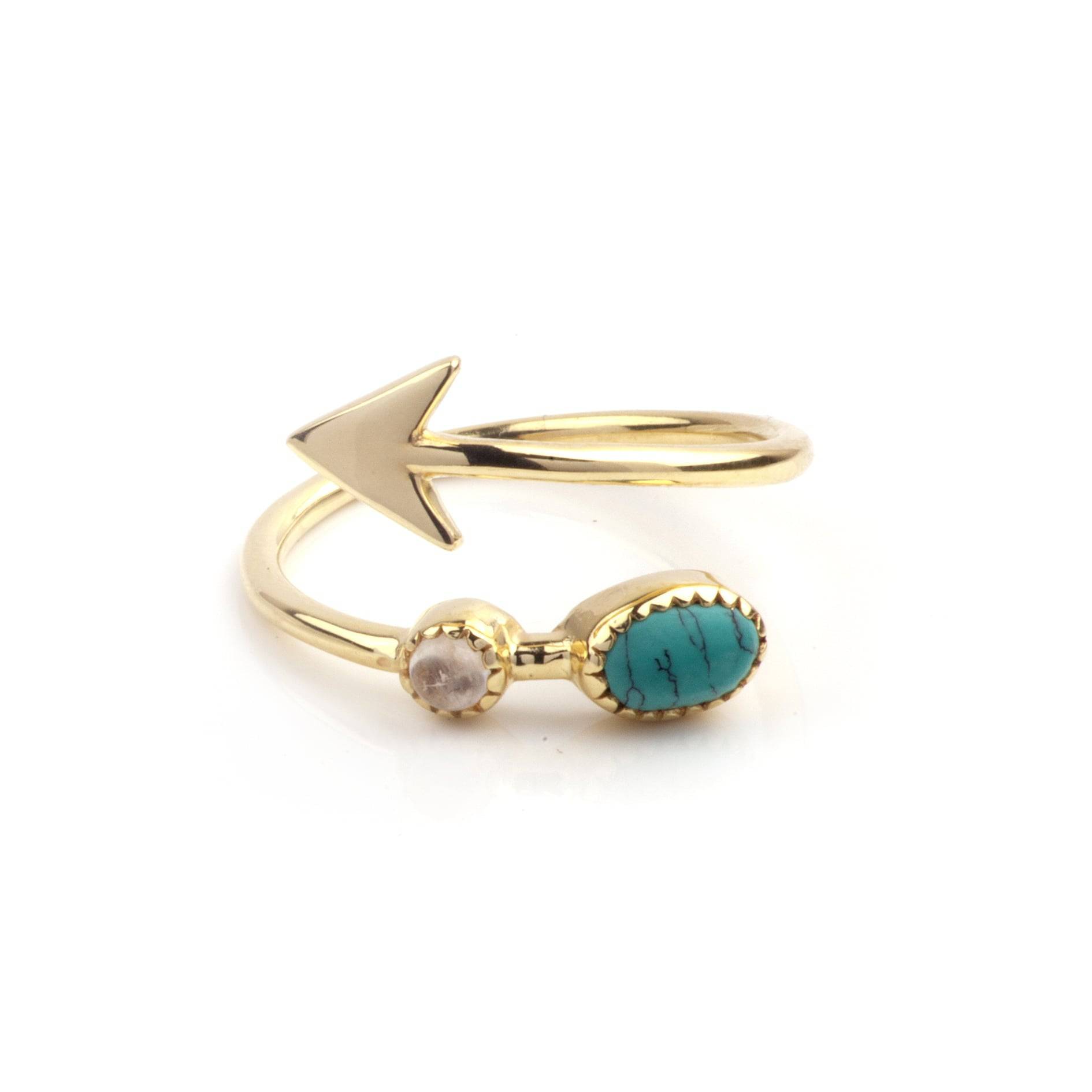 Adjustable Arrow Ring with Turquoise and Moonstone in Gold Vermeil