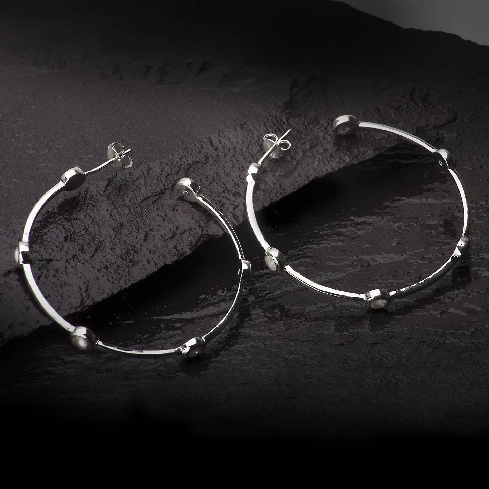 Open Hoop Earrings with Moonstones in Sterling Silver