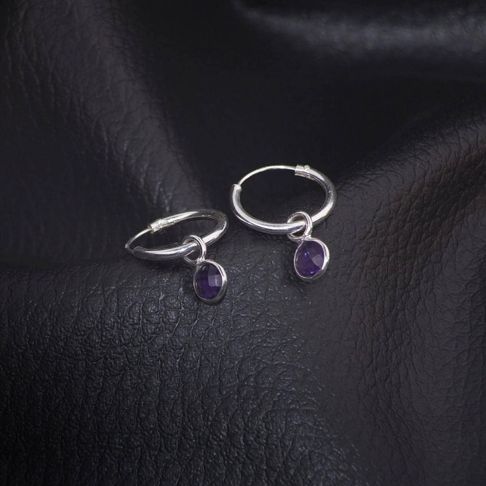 February Birthstone Hoop Earrings with Amethyst Charm in Sterling Silver