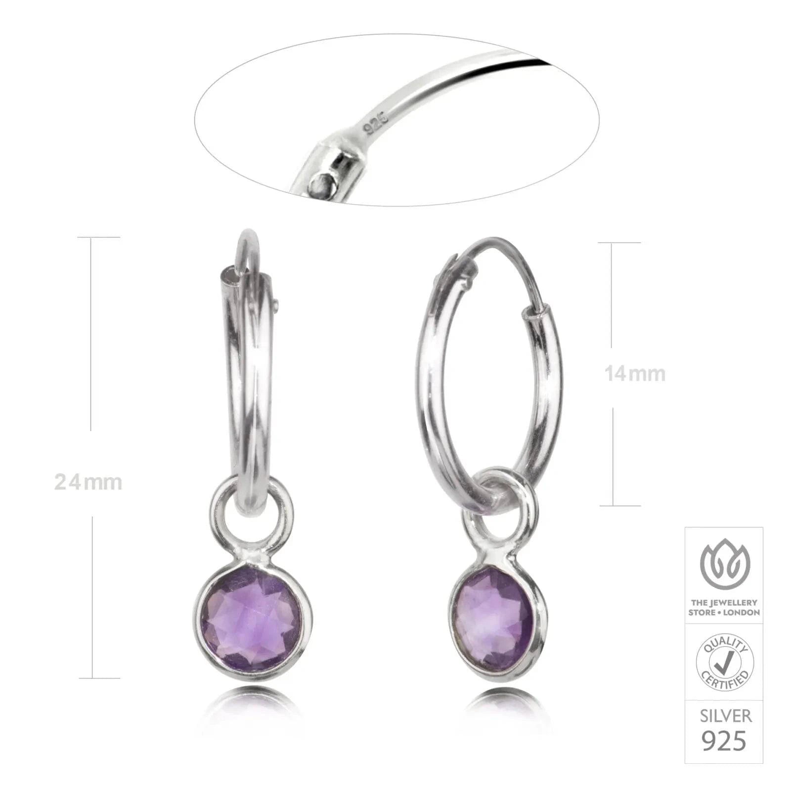 February Birthstone Hoop Earrings with Amethyst Charm in Sterling Silver
