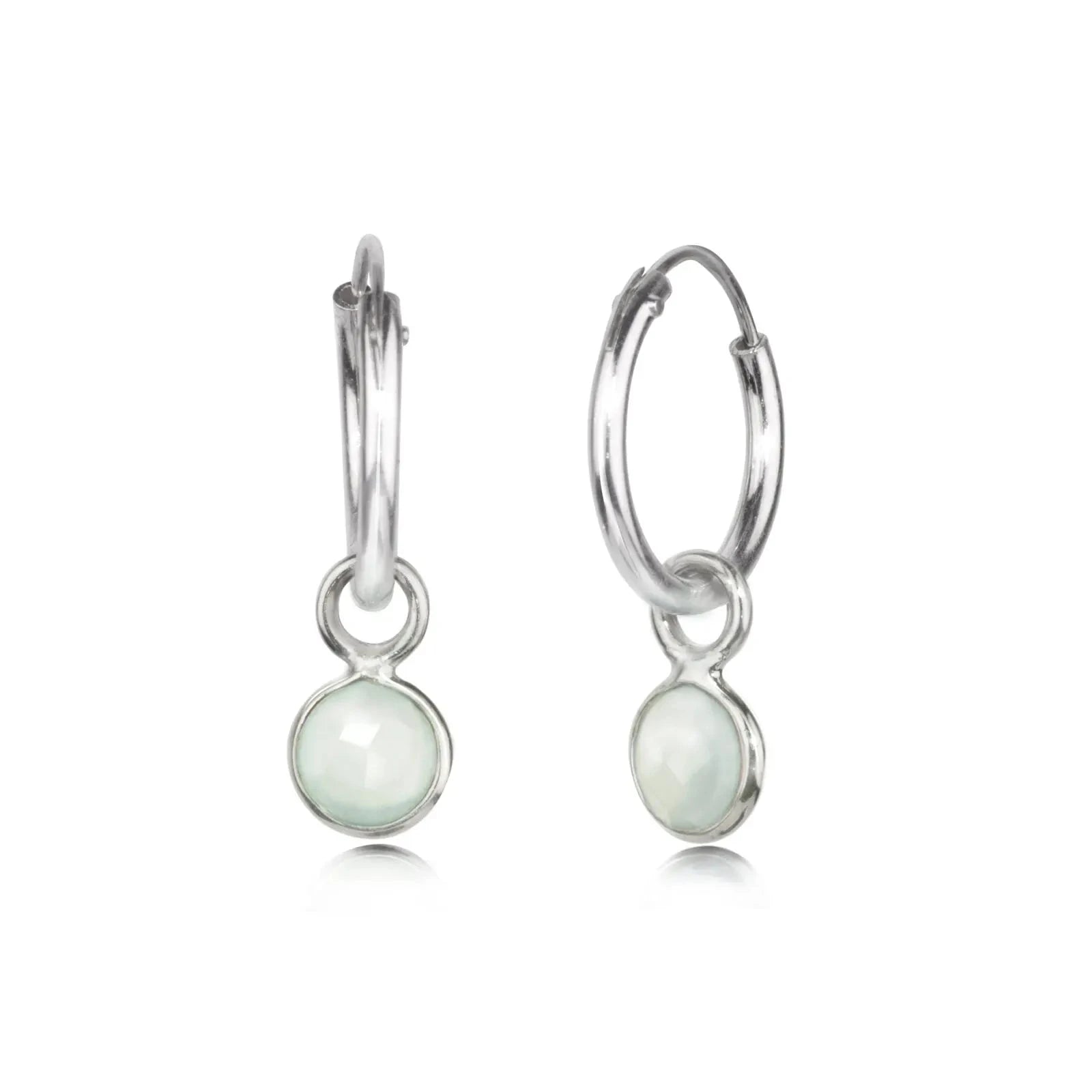 March Birthstone Hoop Earrings with Aqua Chalcedony Charm, in Sterling Silver