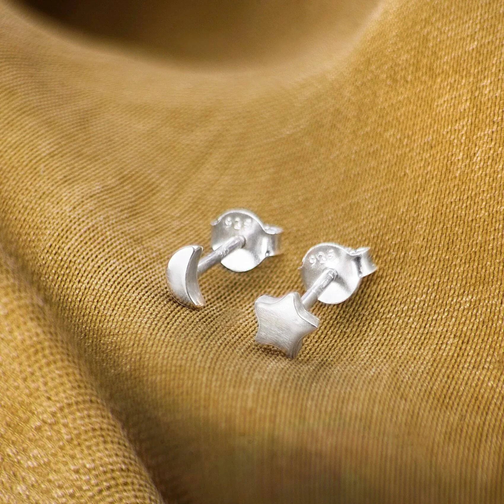 Moon and Star Stud Earrings in Sterling Silver
