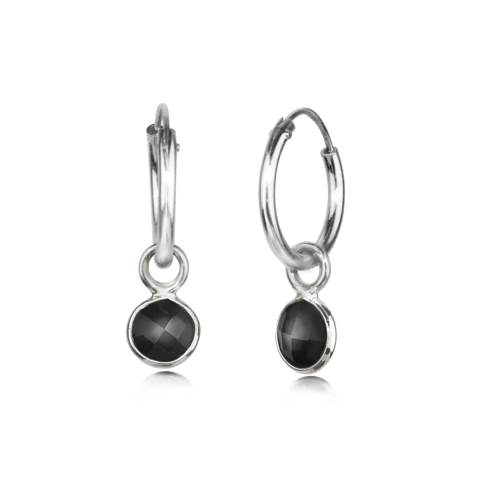 Hoop Earrings with Black Onyx Charm in Sterling Silver
