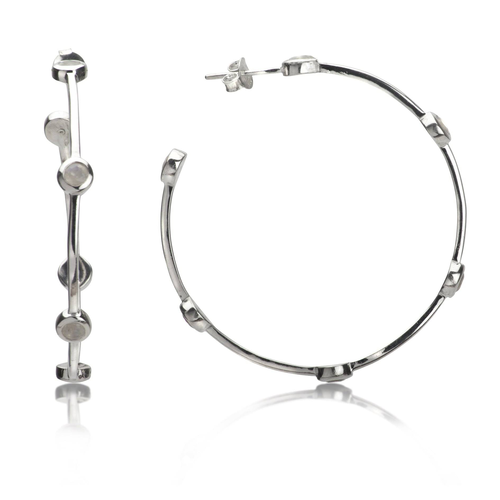 Open Hoop Earrings with Moonstones in Sterling Silver