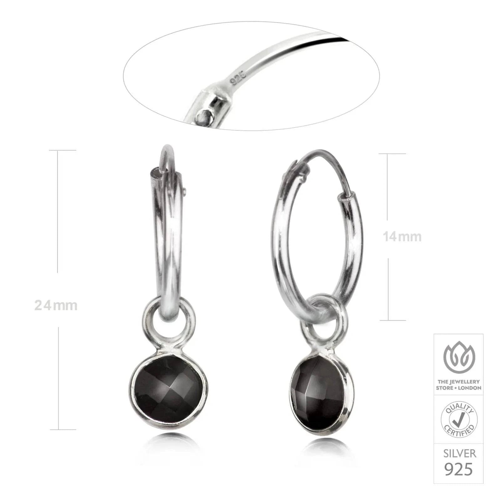 Hoop Earrings with Black Onyx Charm in Sterling Silver