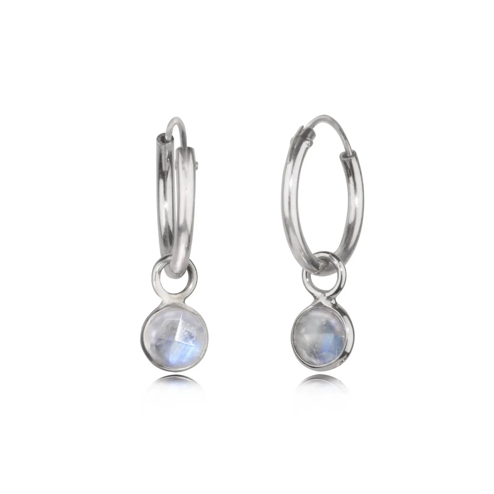 June Birthstone Hoop Earrings with Moonstone Charm in Sterling Silver