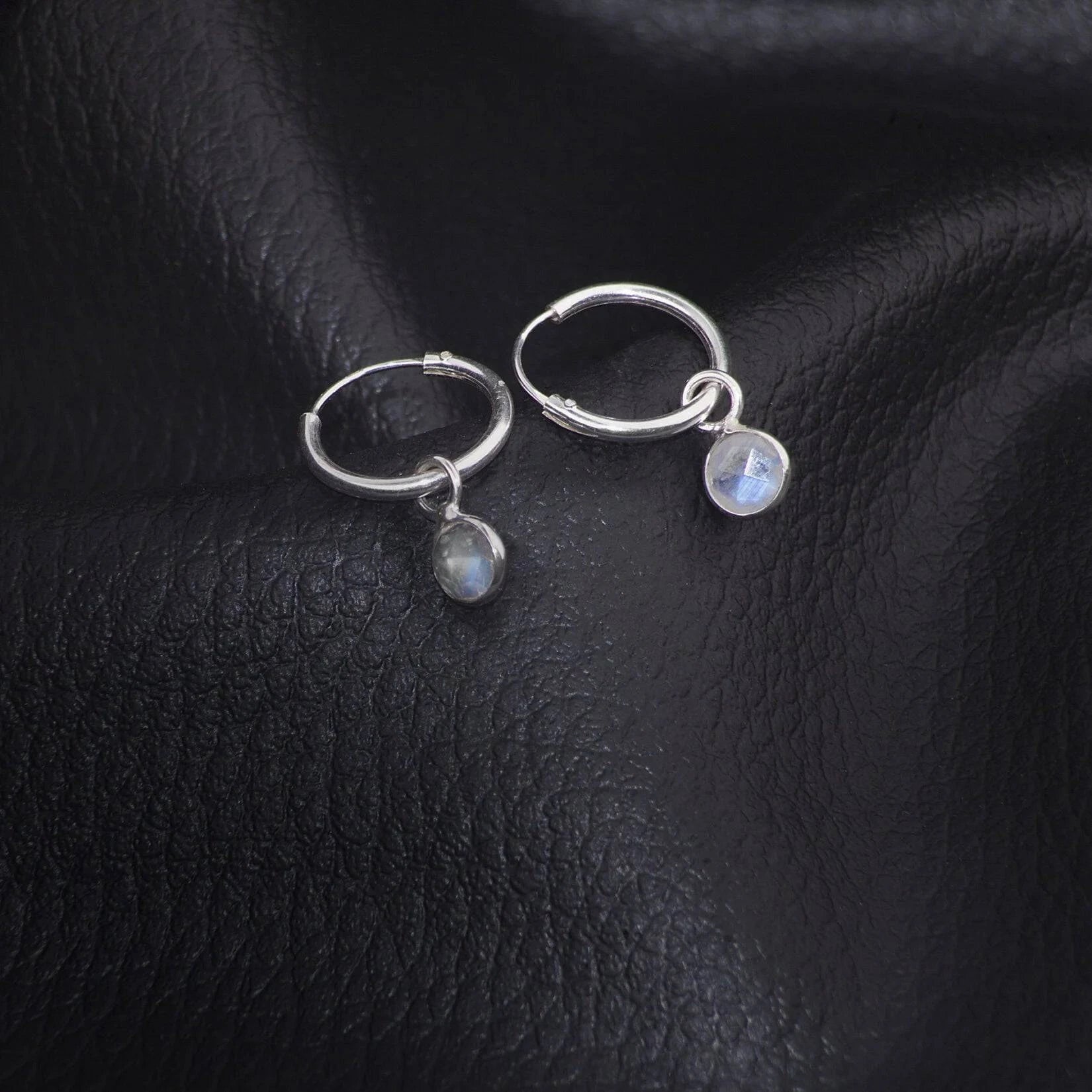 June Birthstone Hoop Earrings with Moonstone Charm in Sterling Silver