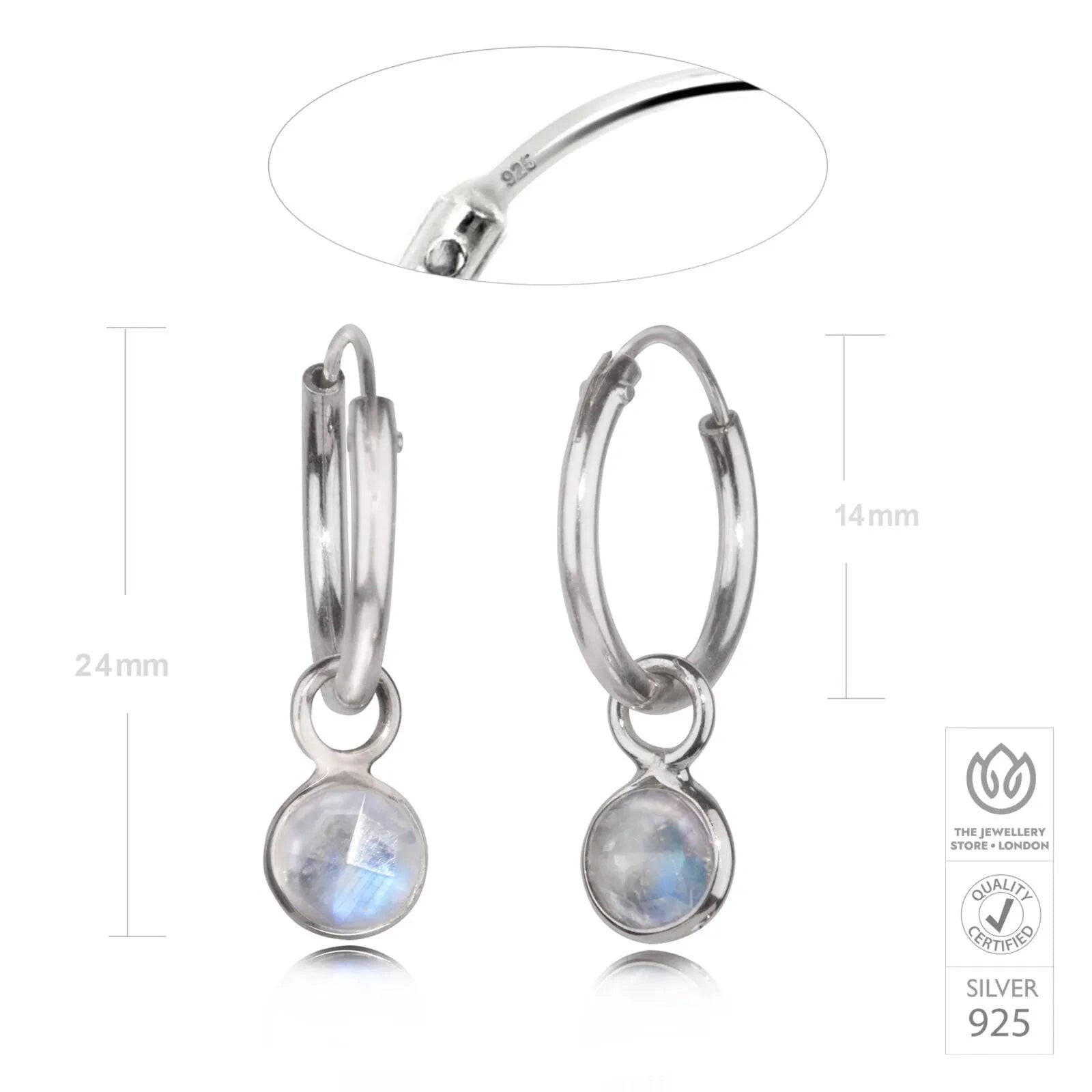 June Birthstone Hoop Earrings with Moonstone Charm in Sterling Silver