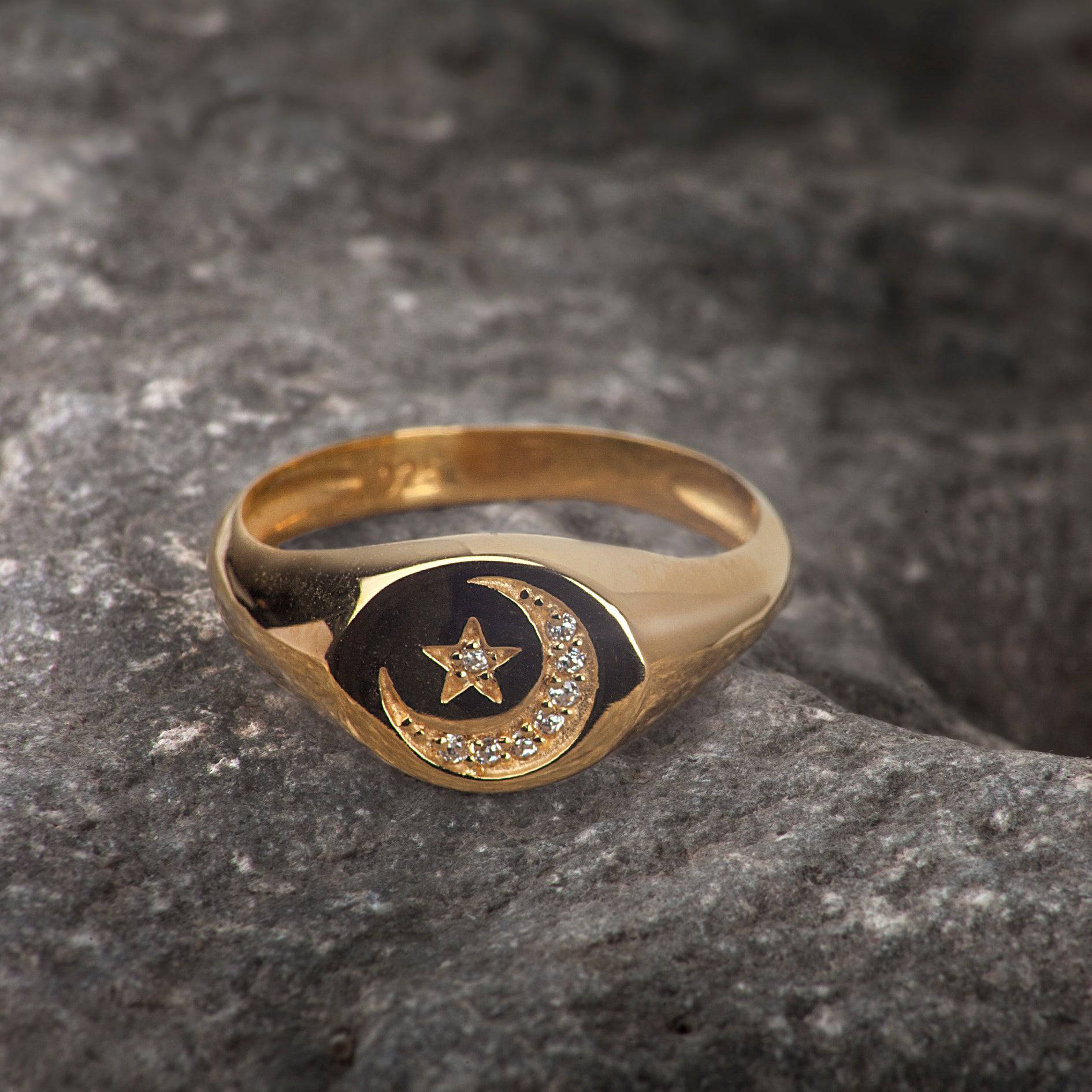 Round Celestial Signet Ring with CZ in Gold Vermeil