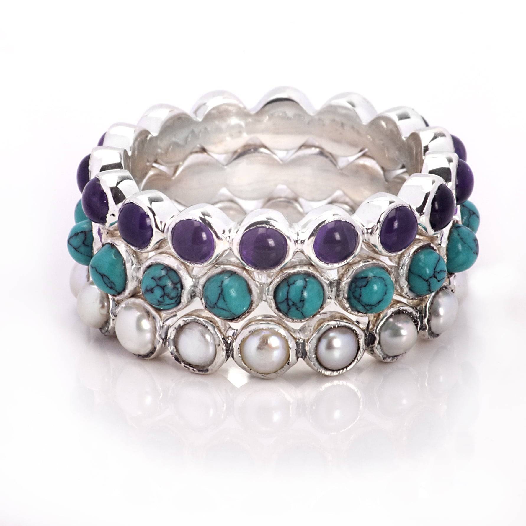 Turquoise Gemstones Band Ring in Sterling Silver