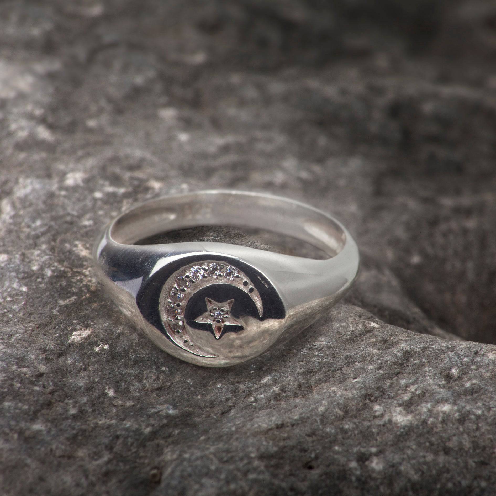 Round Celestial Signet Ring with CZ in Sterling Silver