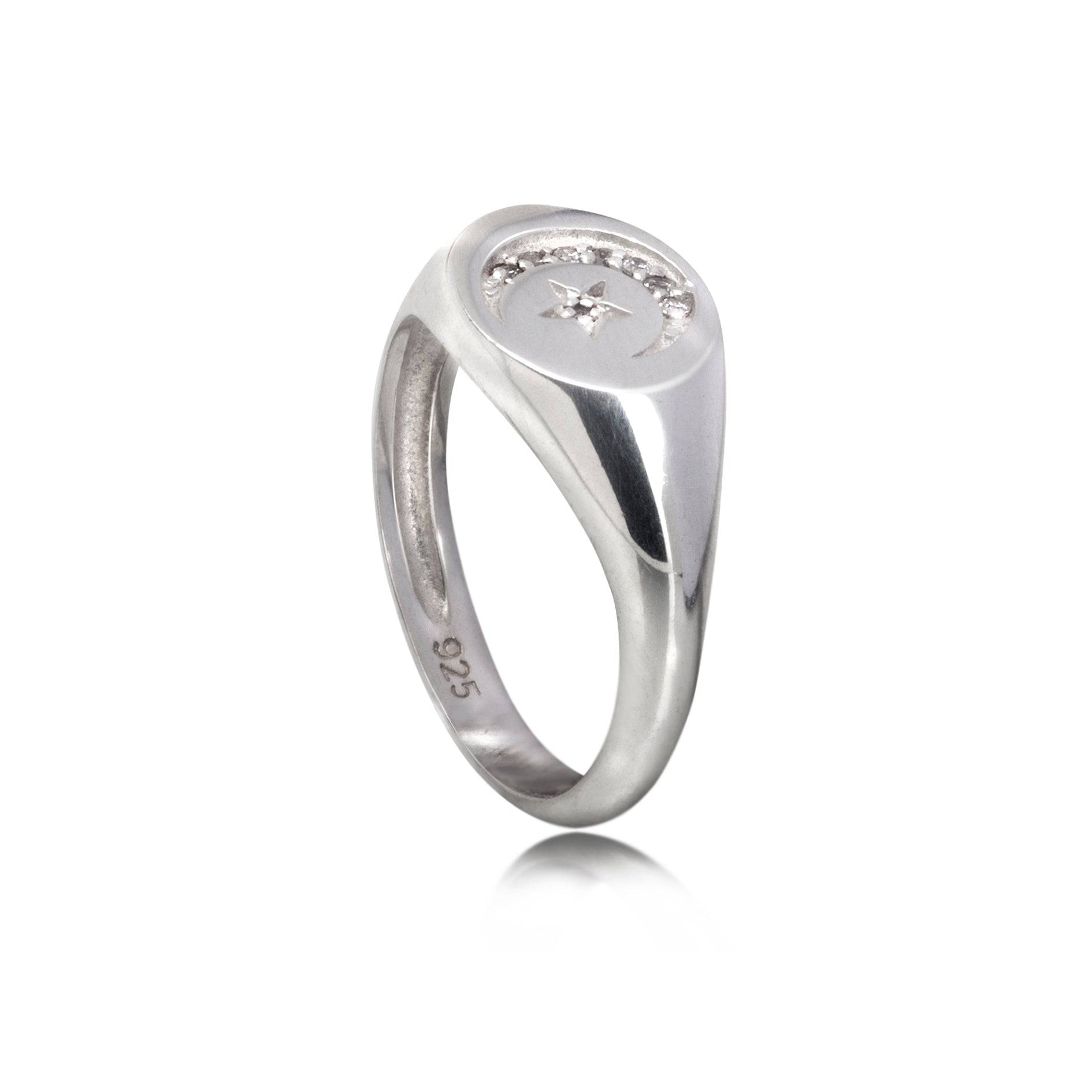 Round Celestial Signet Ring with CZ in Sterling Silver