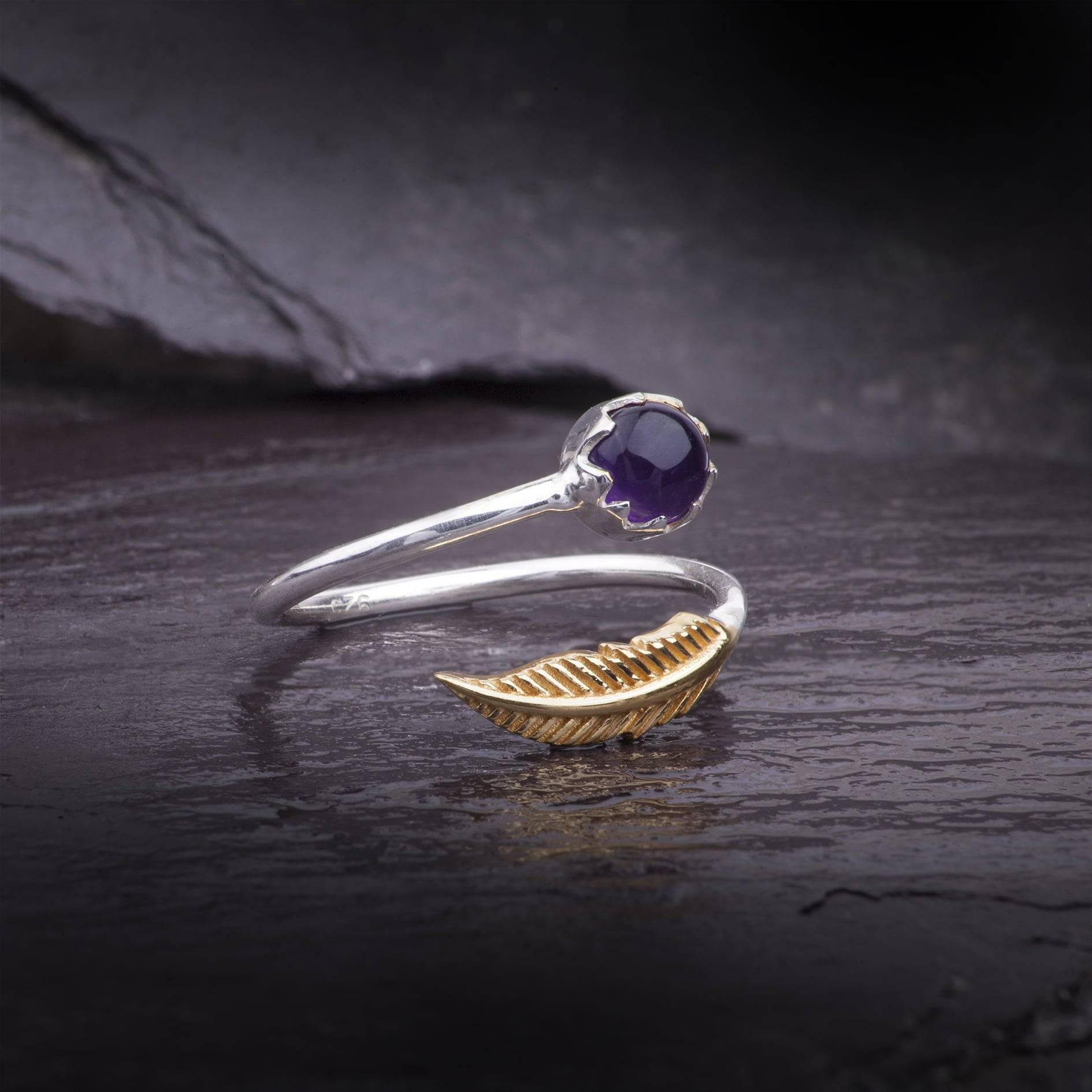 Adjustable Amethyst and Leaf Ring in Sterling Silver and Gold Vermeil