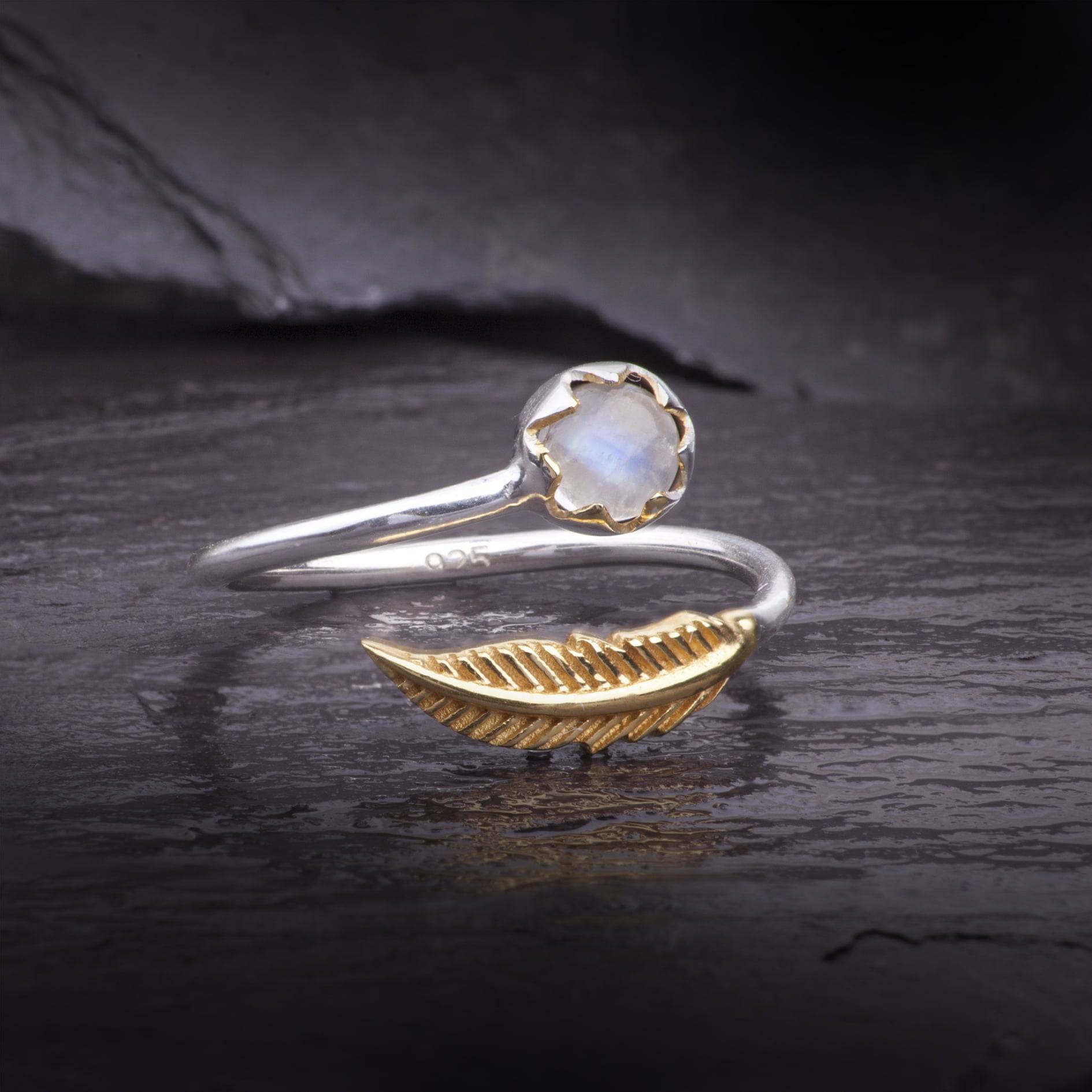 Adjustable Moonstone and Leaf Ring in Sterling Silver and Gold Vermeil