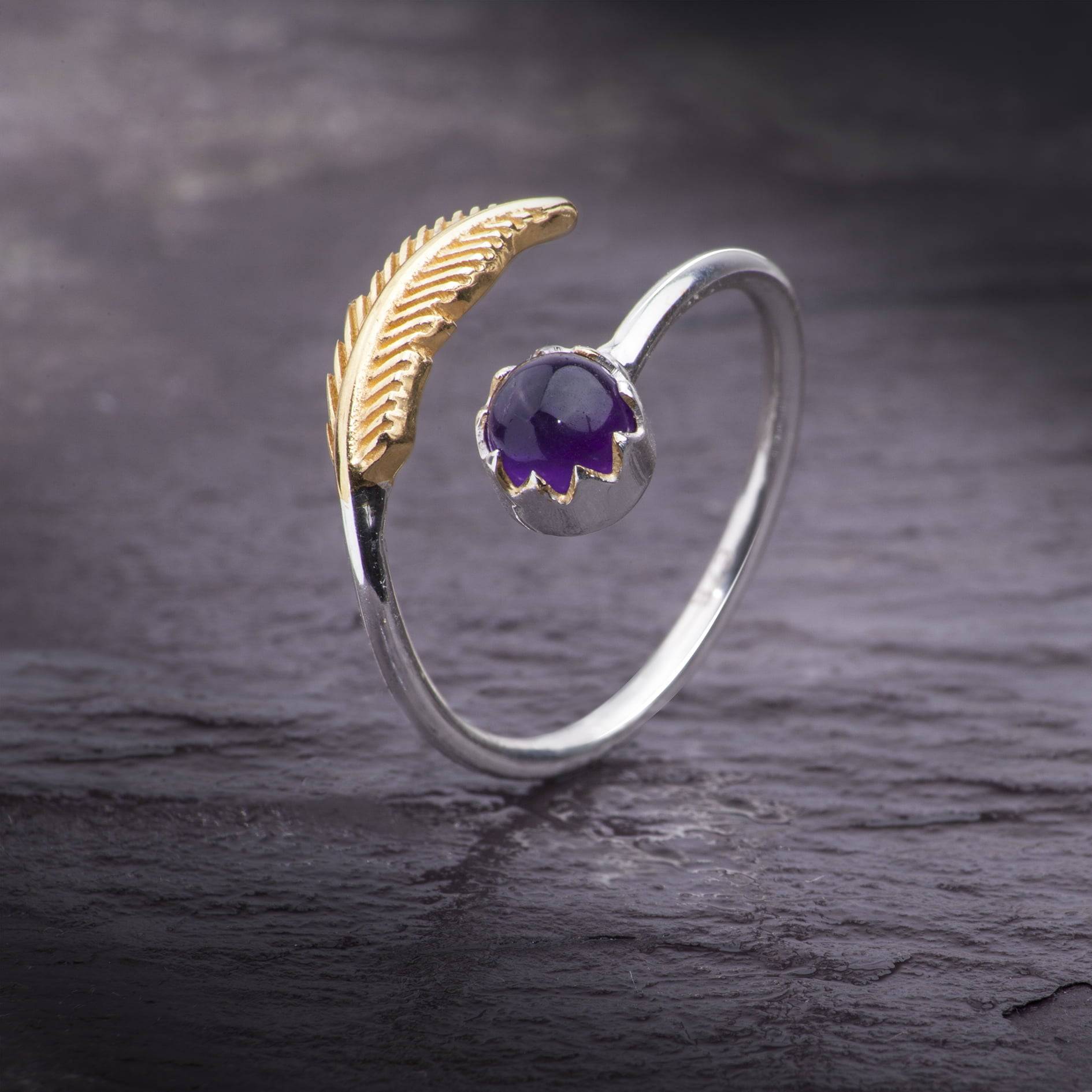 Adjustable Amethyst and Leaf Ring in Sterling Silver and Gold Vermeil
