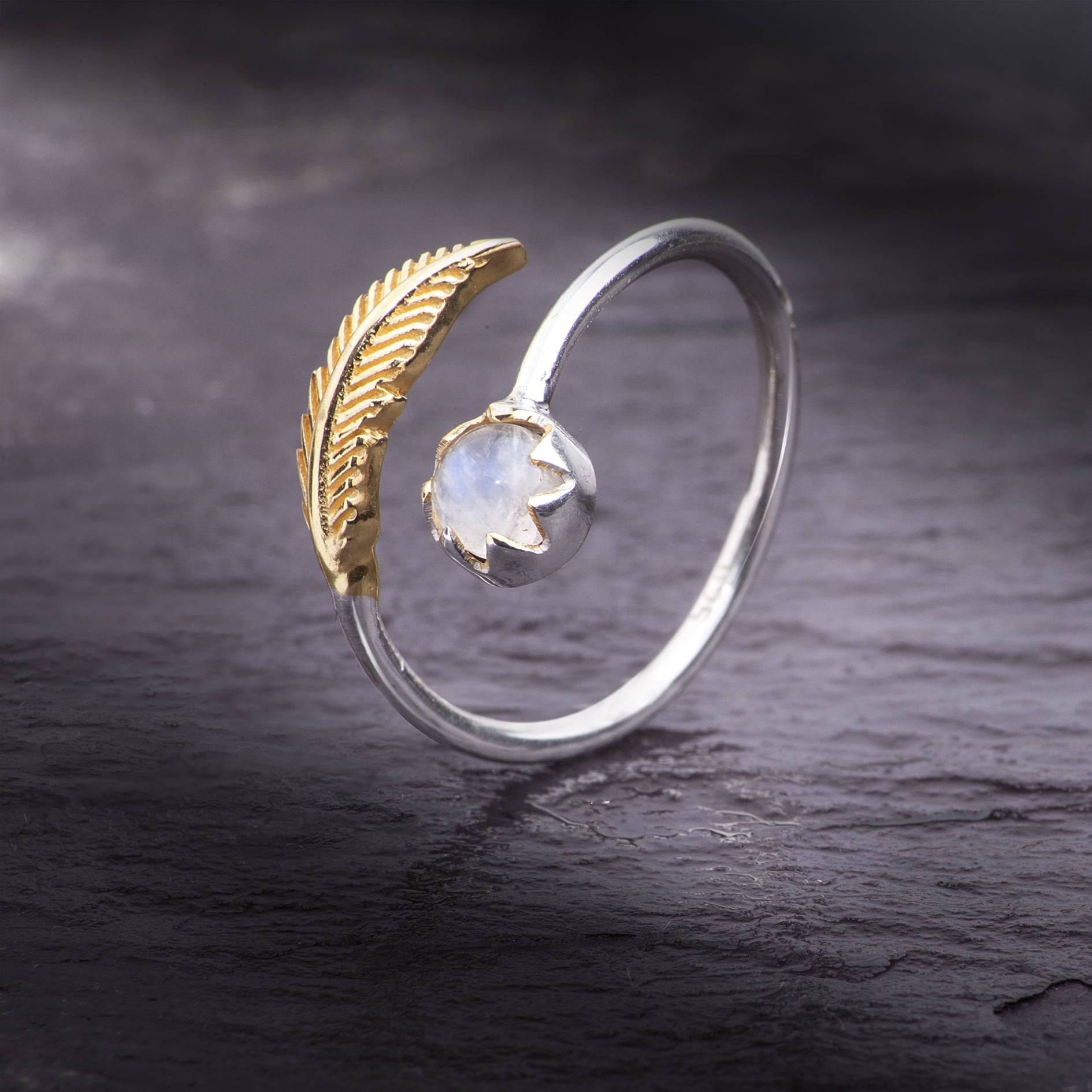 Adjustable Moonstone and Leaf Ring in Sterling Silver and Gold Vermeil