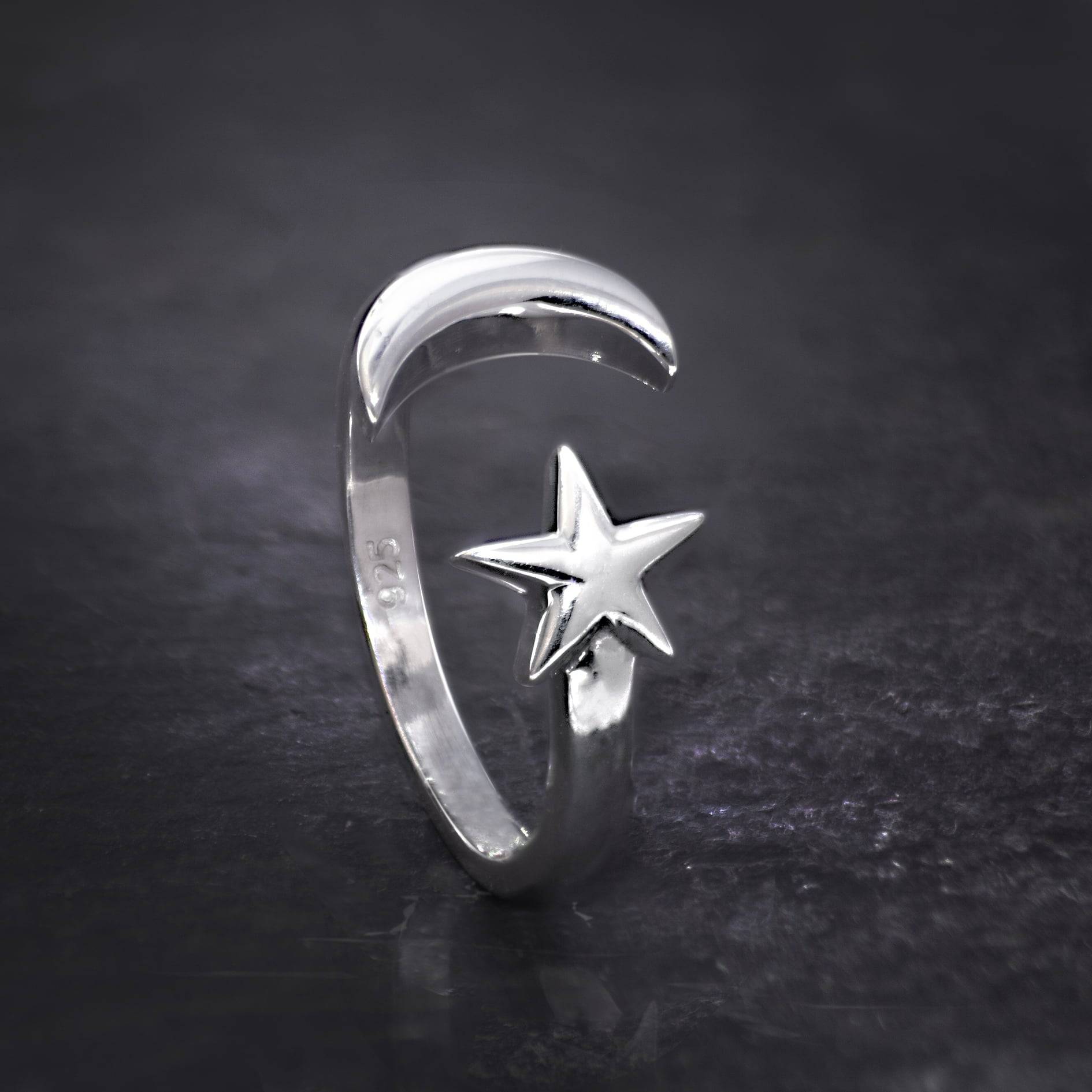 Adjustable ring with Star and Crescent Moon in Sterling Silver
