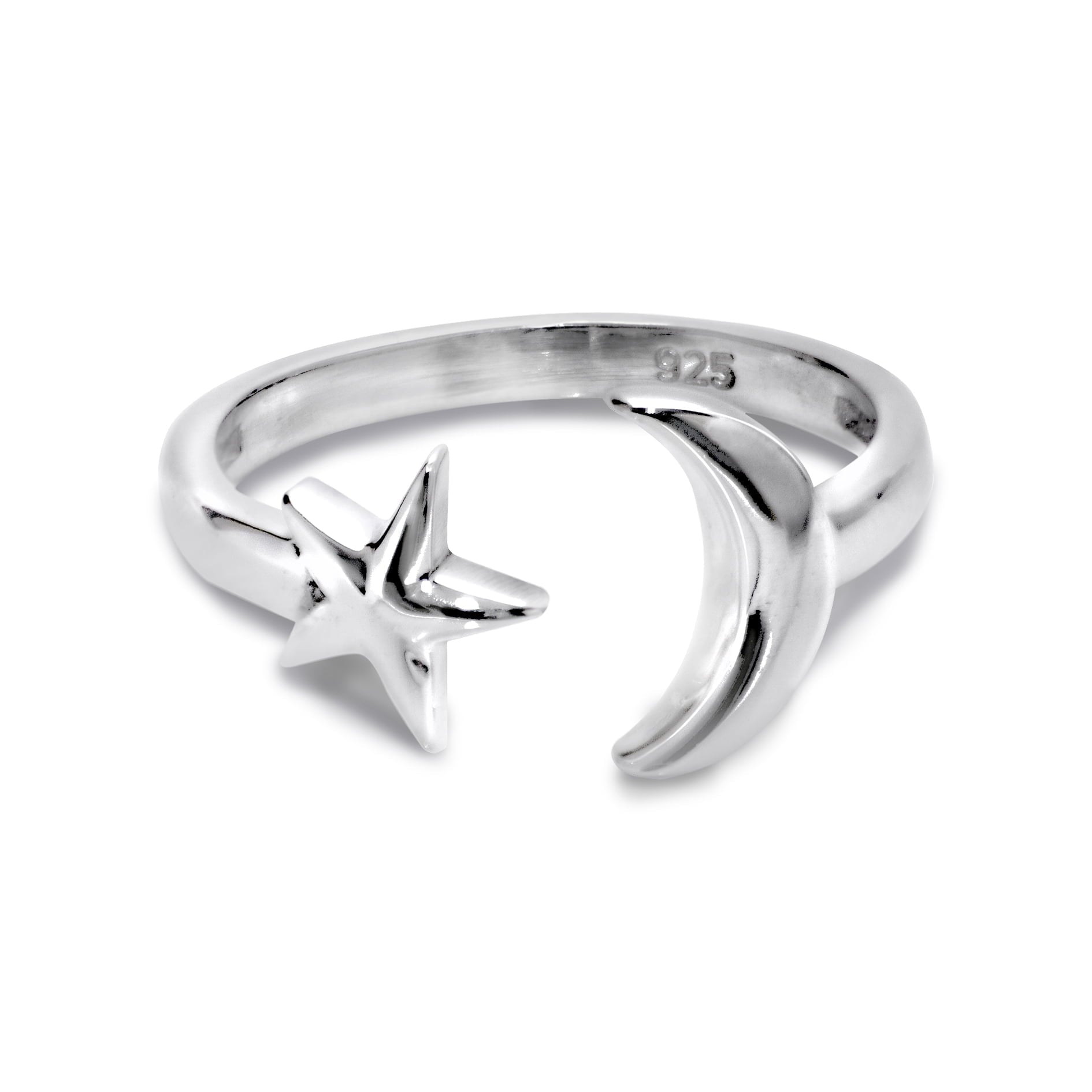 Adjustable ring with Star and Crescent Moon in Sterling Silver