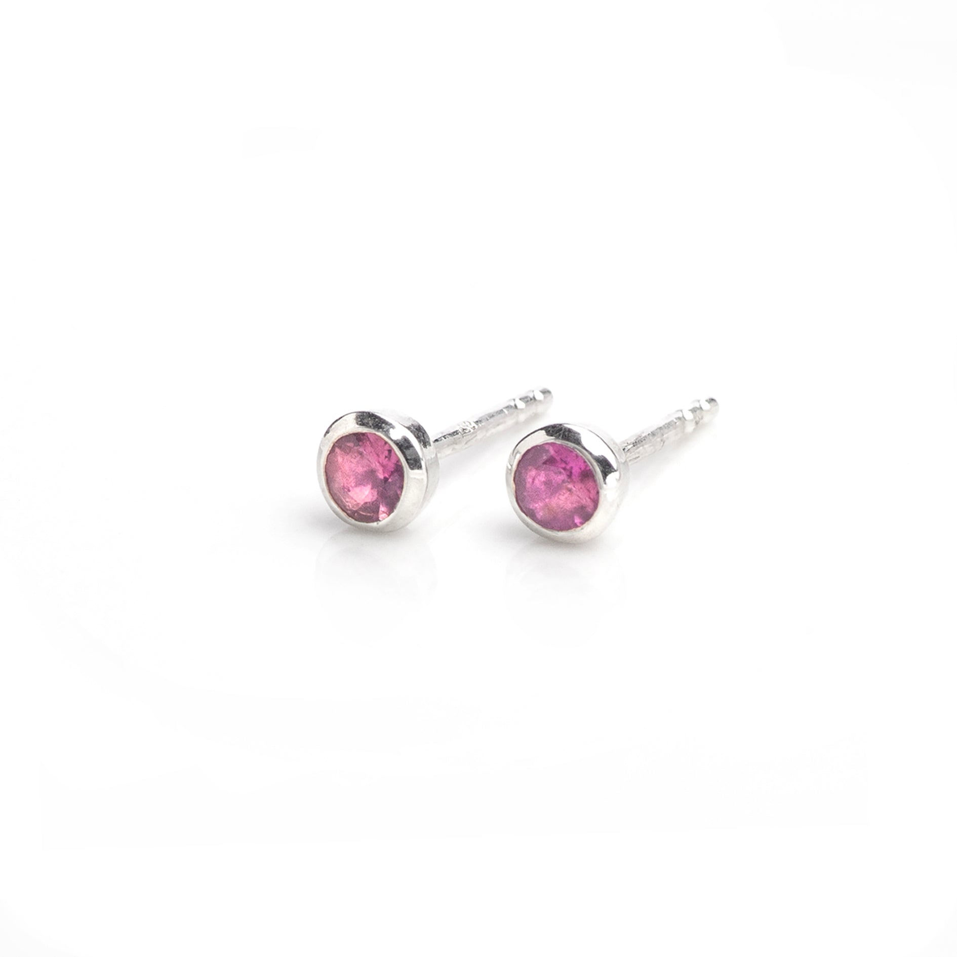 October Birthstone Tiny Stud Earrings In Sterling Silver -Pink Tourmaline