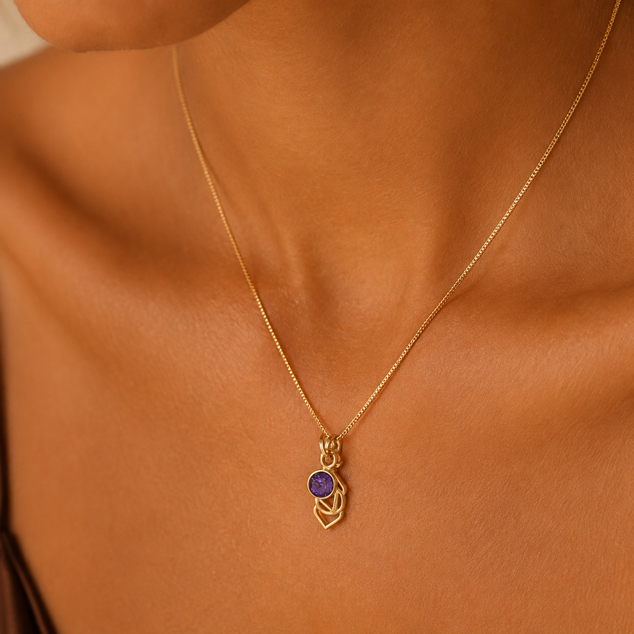 Third Eye Chakra/Ajna Chakra Charm Necklace In Gold Vermeil- Amethyst