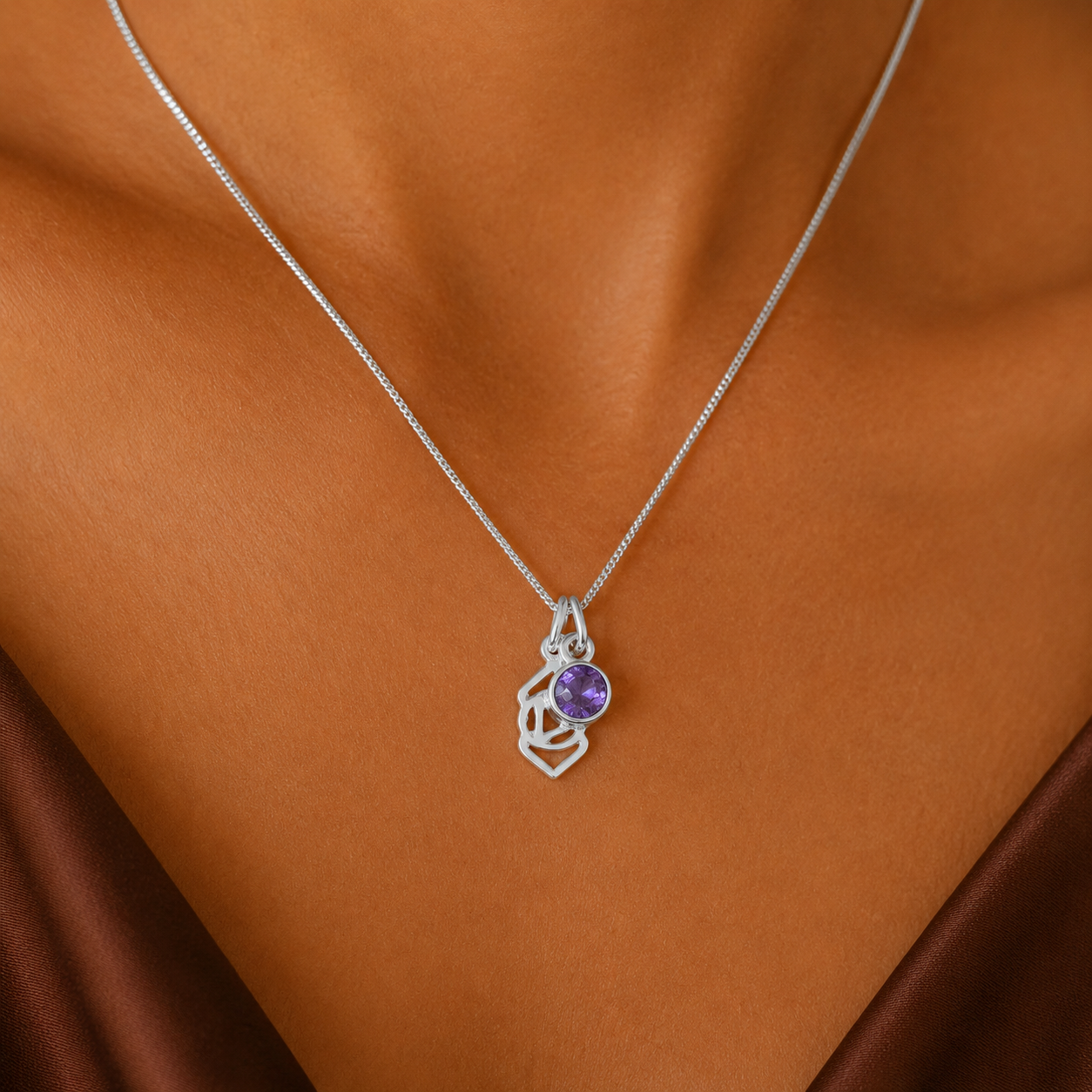 Third Eye Chakra/Ajna Chakra Charm Necklace In Sterling Silver - Amethyst