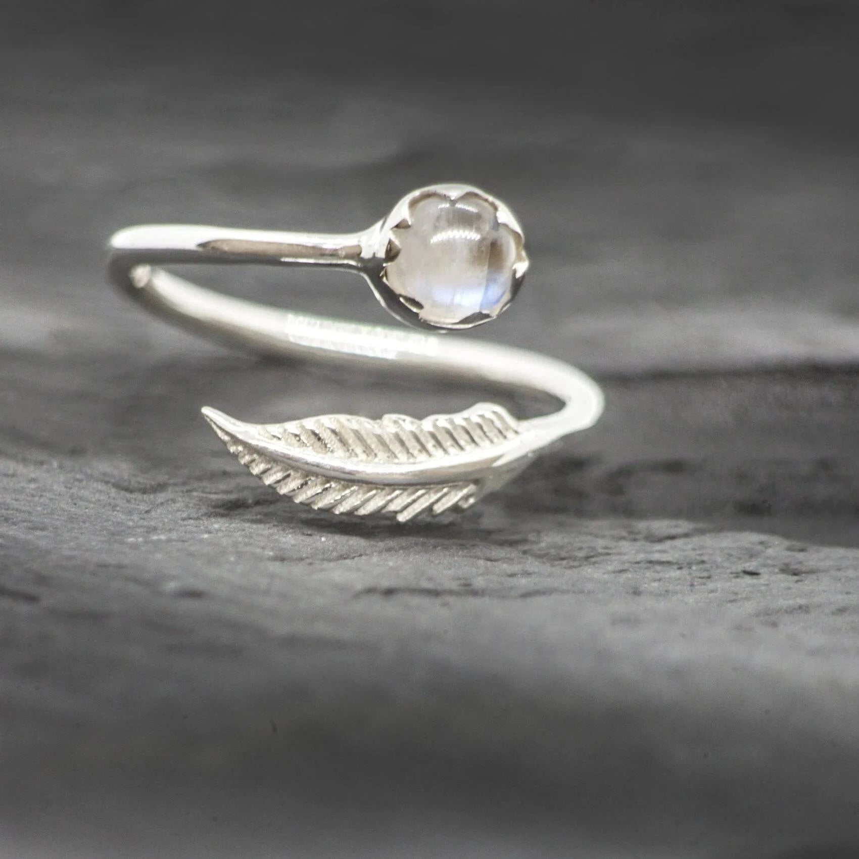 Adjustable Moonstone and Leaf Ring in Sterling Silver