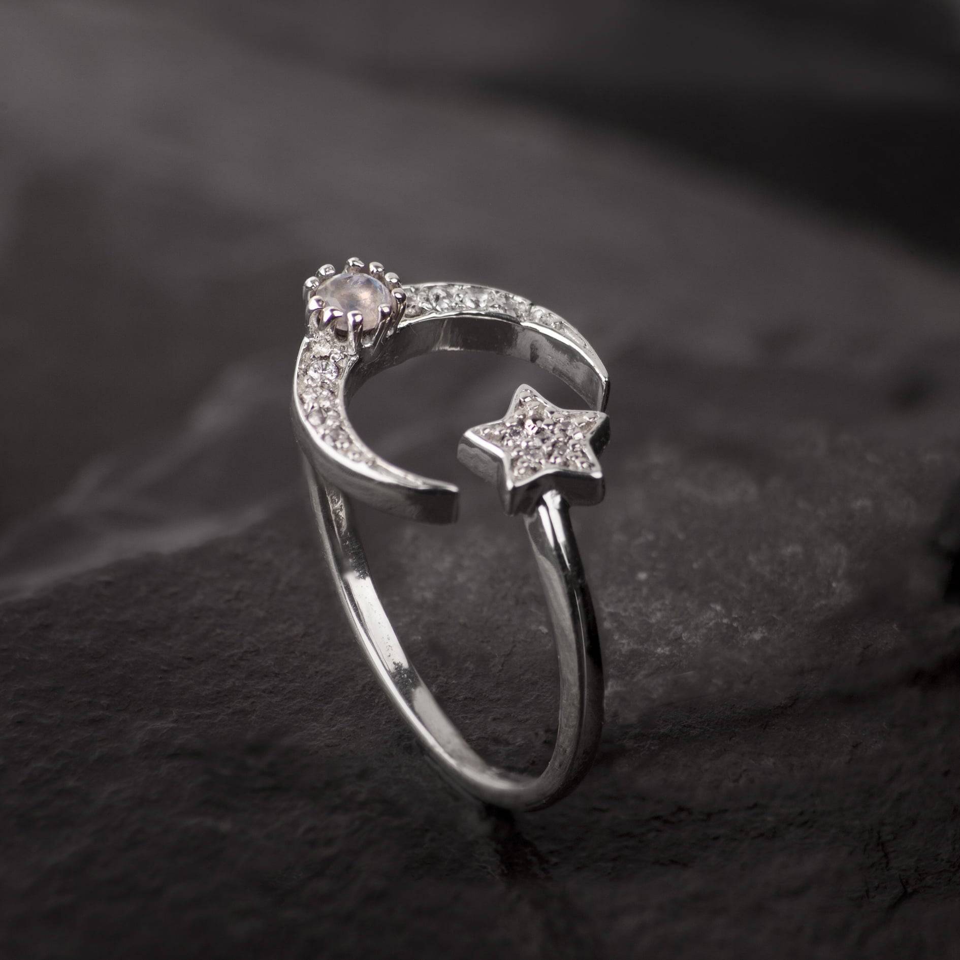 Adjustable ring with Star and Moon in Sterling Silver with CZ and Moonstone