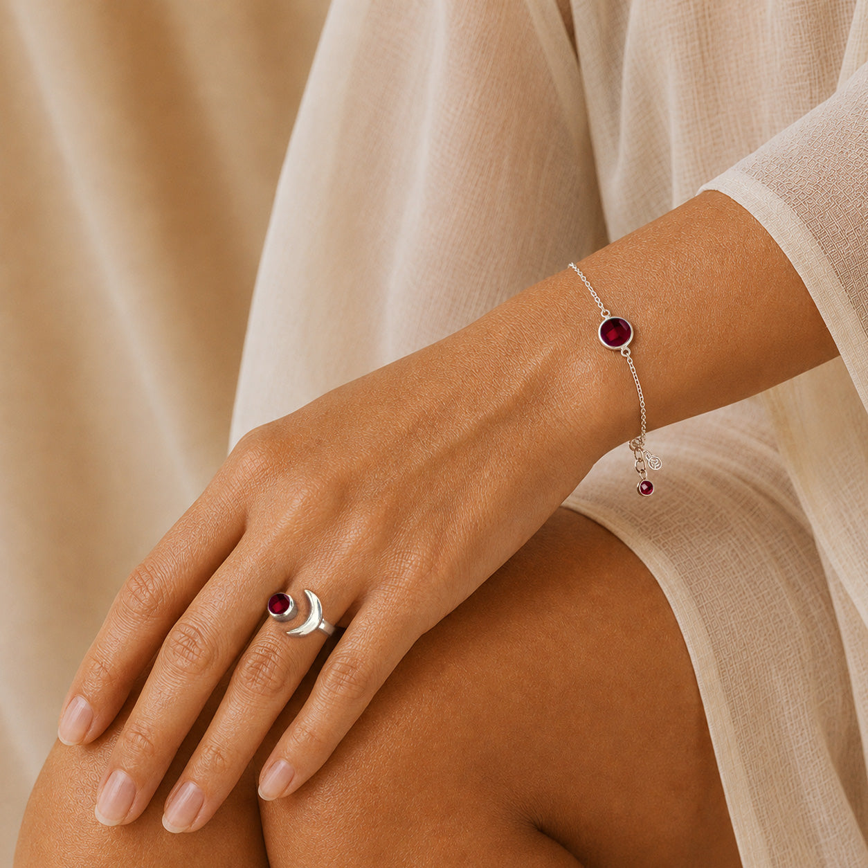 Garnet Chain Bracelet In Sterling Silver