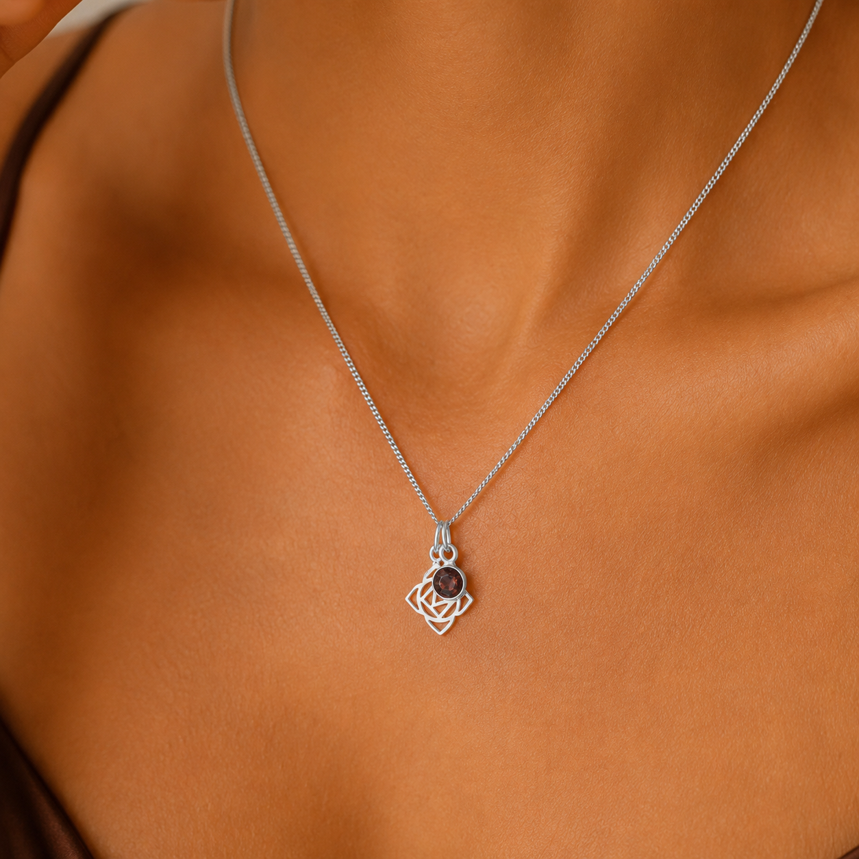 Root Chakra/Muladhara Chakra Charm Necklace In Sterling Silver - Garnet