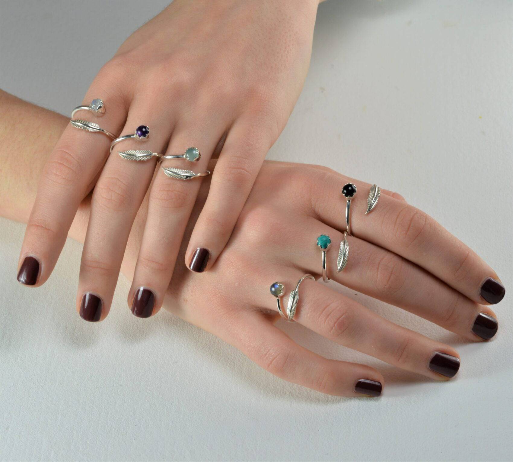 Adjustable Moonstone and Leaf Ring in Sterling Silver and Gold Vermeil