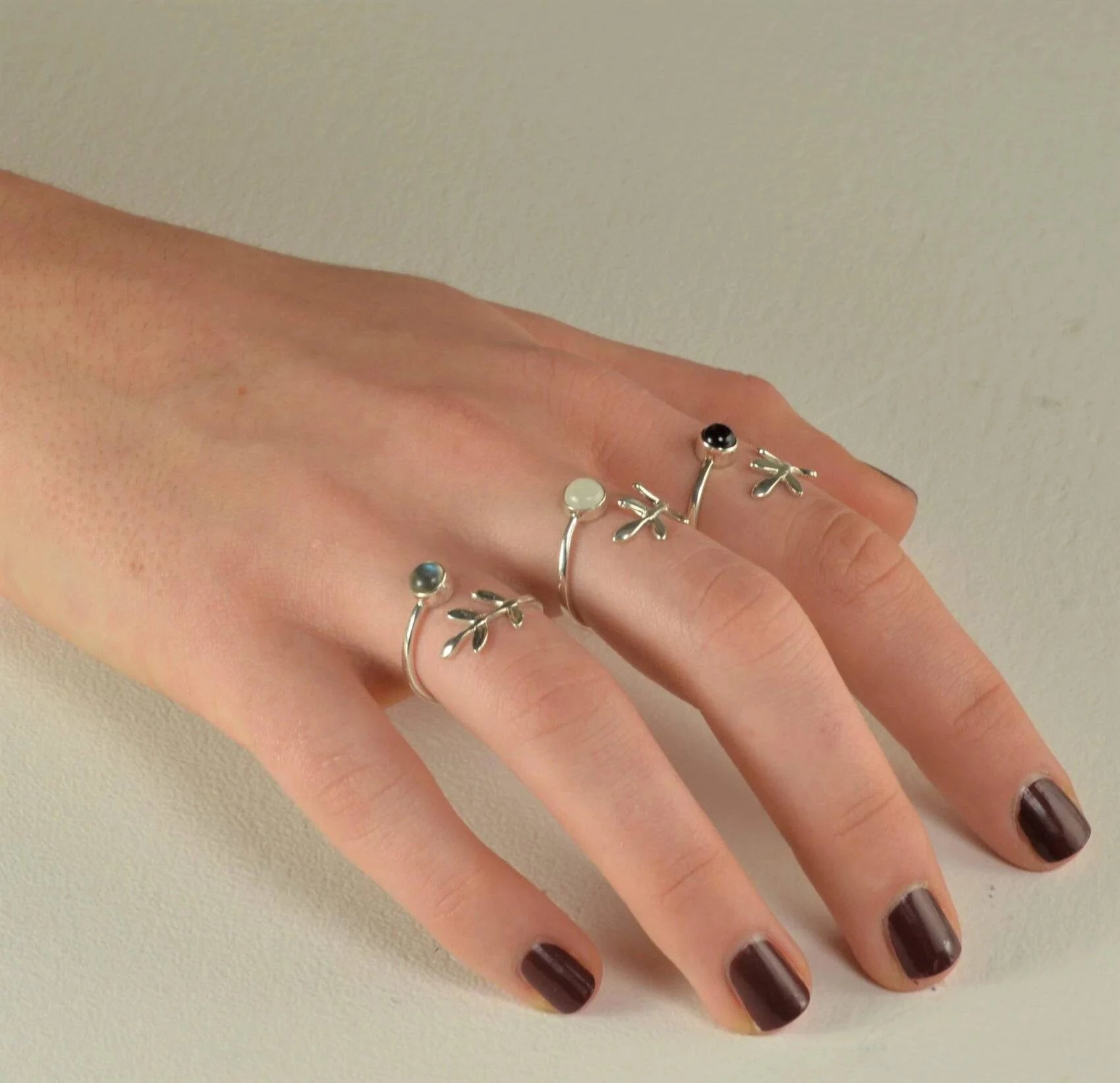 Adjustable Moonstone and Leaves Ring in Sterling Silver