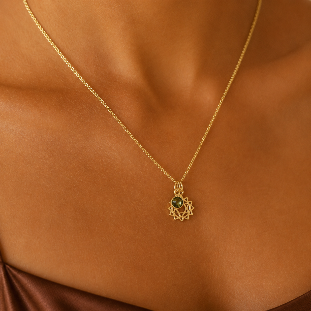 Heart Chakra/Anahata Chakra Charm Necklace In Gold Vermeil- Peridot