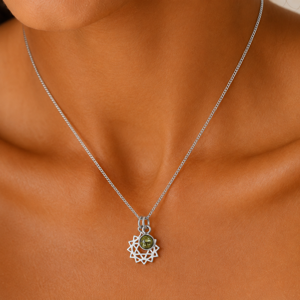 Heart Chakra/Anahata Chakra Charm Necklace In Sterling Silver - Peridot
