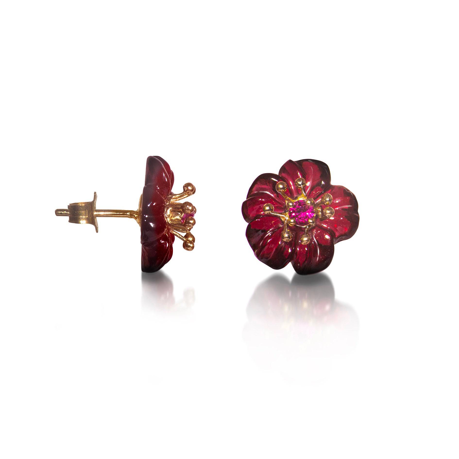 Flower Studs with Garnet In 14ct Solid Gold