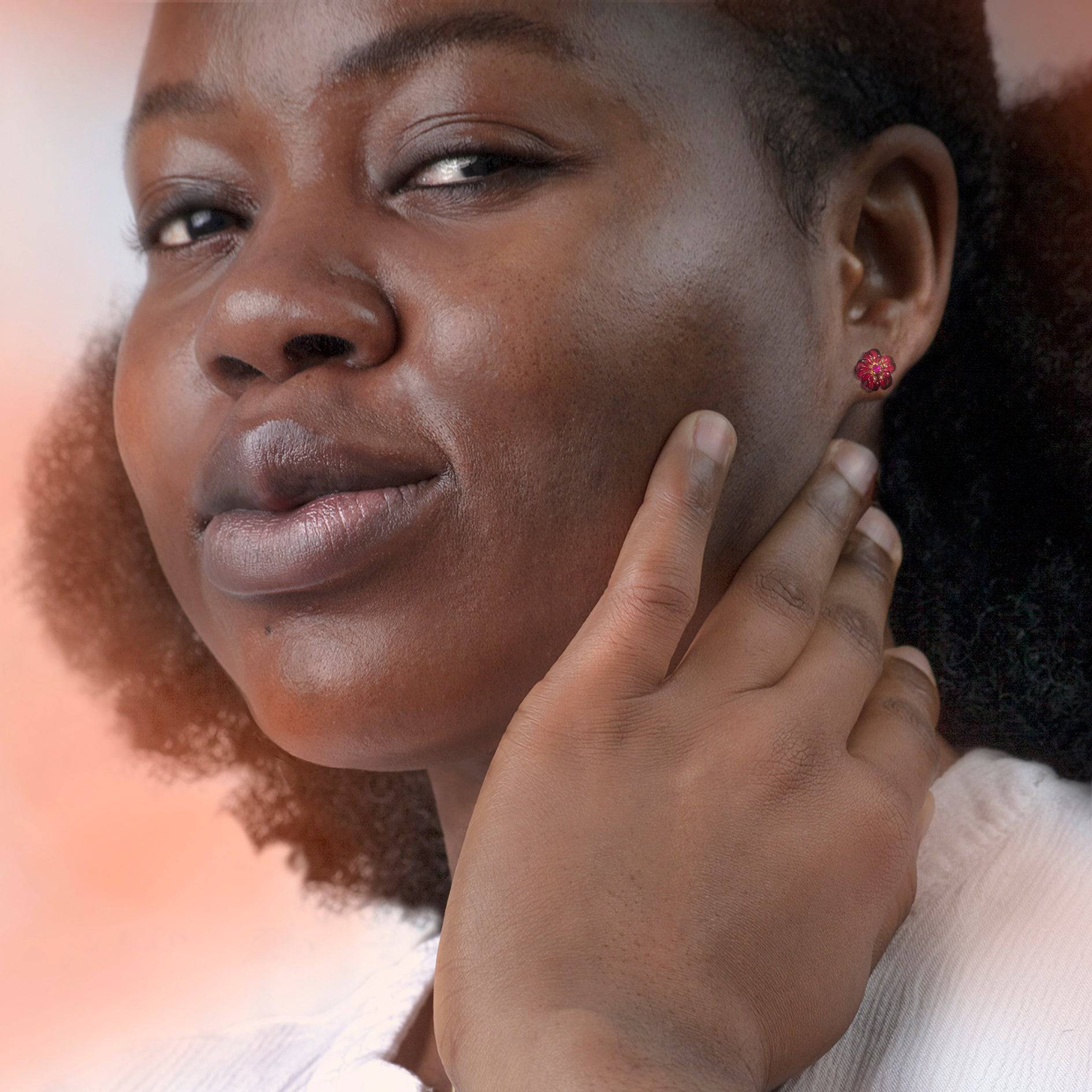 Flower Studs with Garnet In 14ct Solid Gold