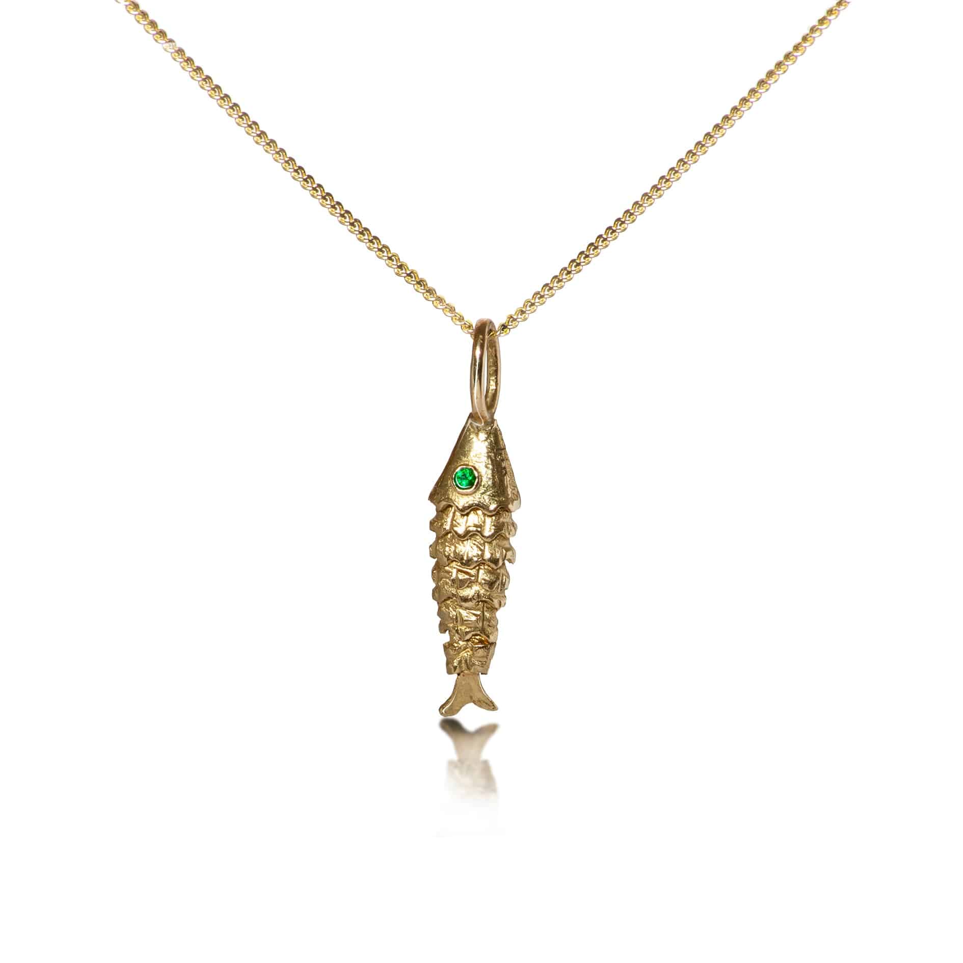 Small Fish Pendant Necklace With Emerald in 18ct Solid Gold