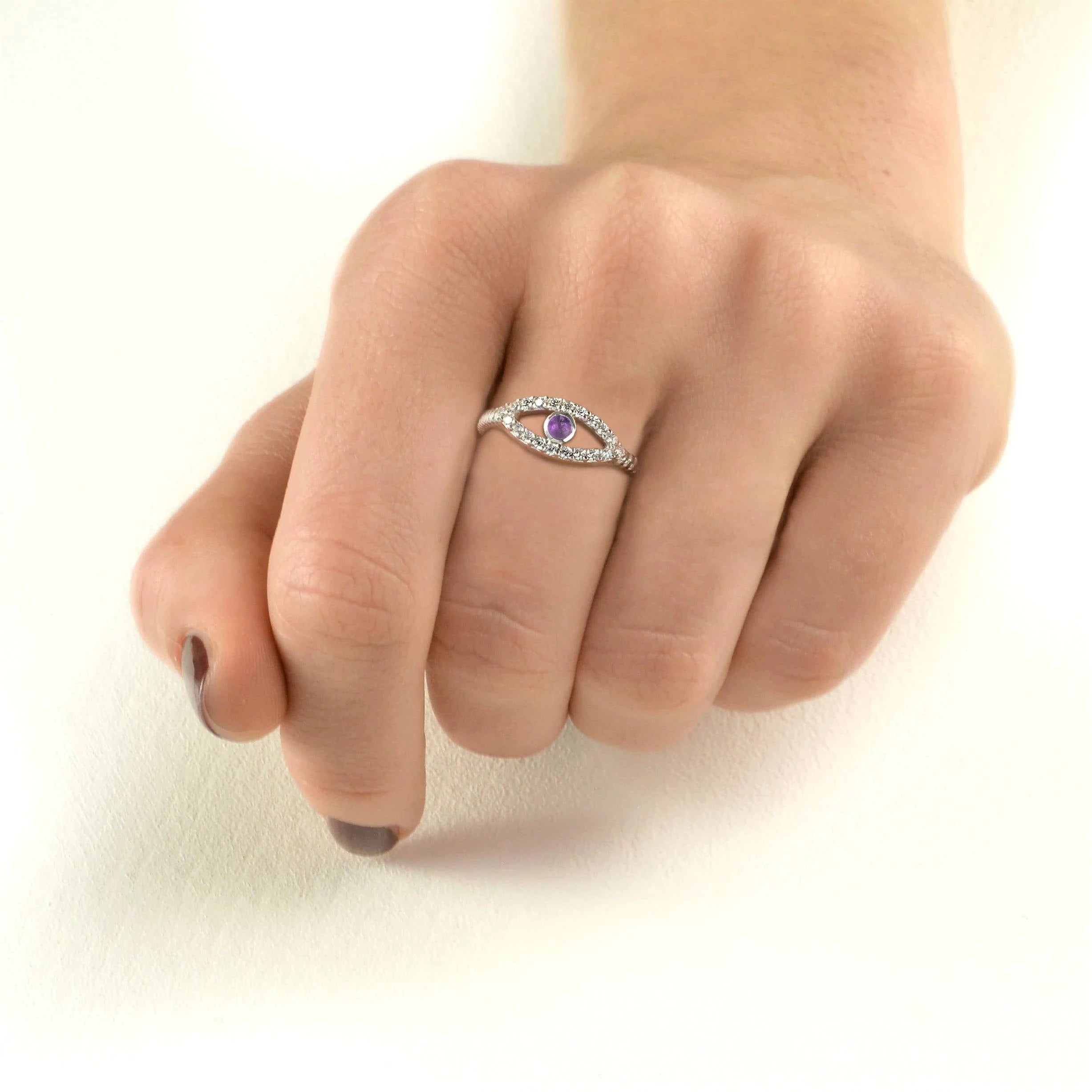 Evil Eye ring with Amethyst and Cubic Zirconia in Sterling Silver