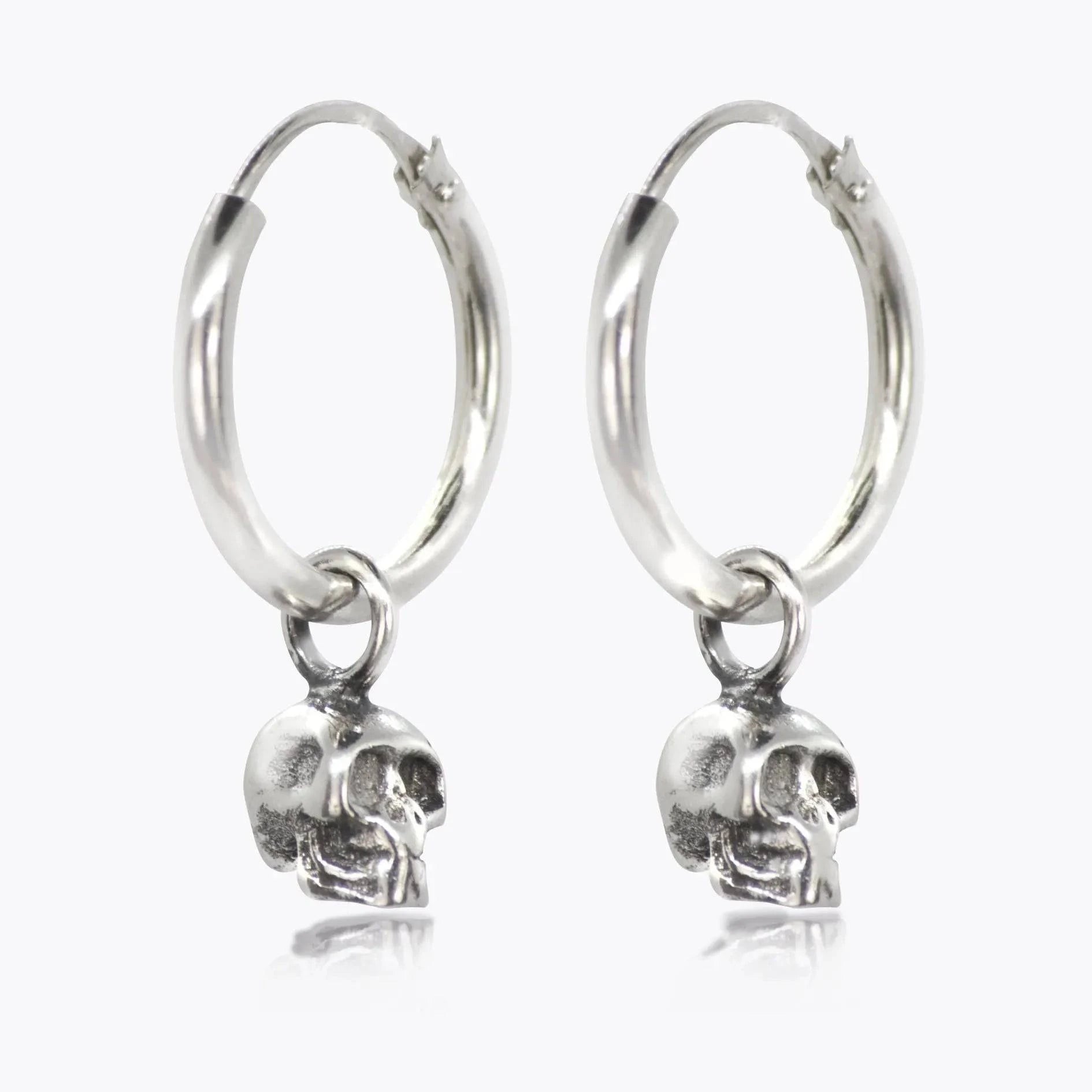 Hoop Earrings with Skull Charm in Sterling Silver