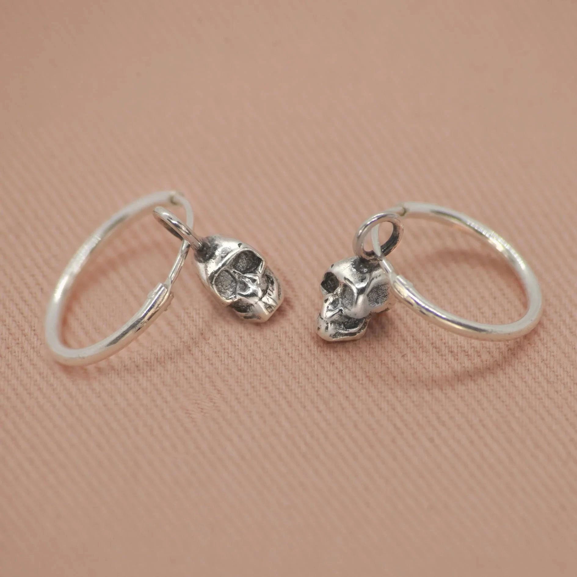 Hoop Earrings with Skull Charm in Sterling Silver