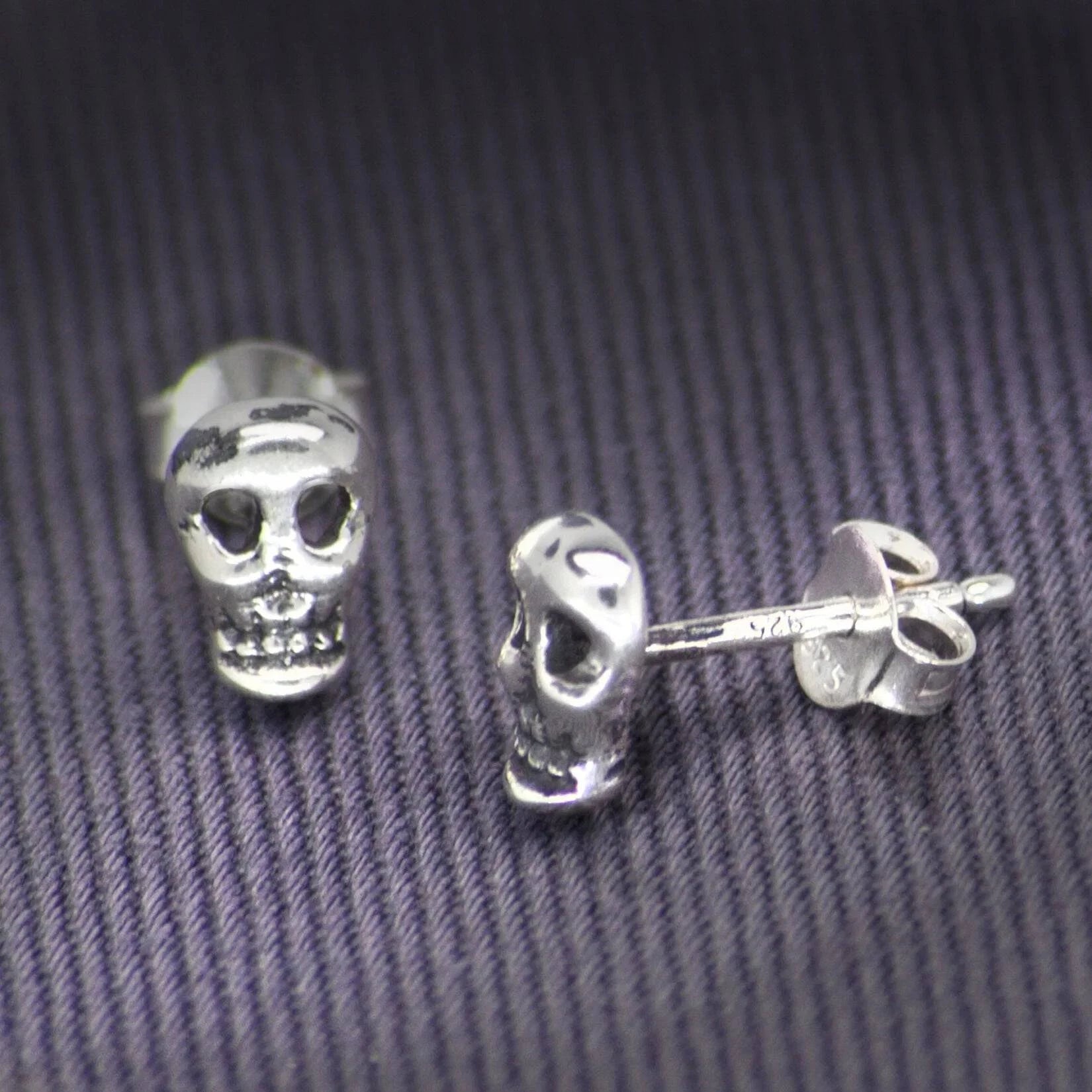 Skull Stud Earrings with Butterfly Fastening in Sterling Silver