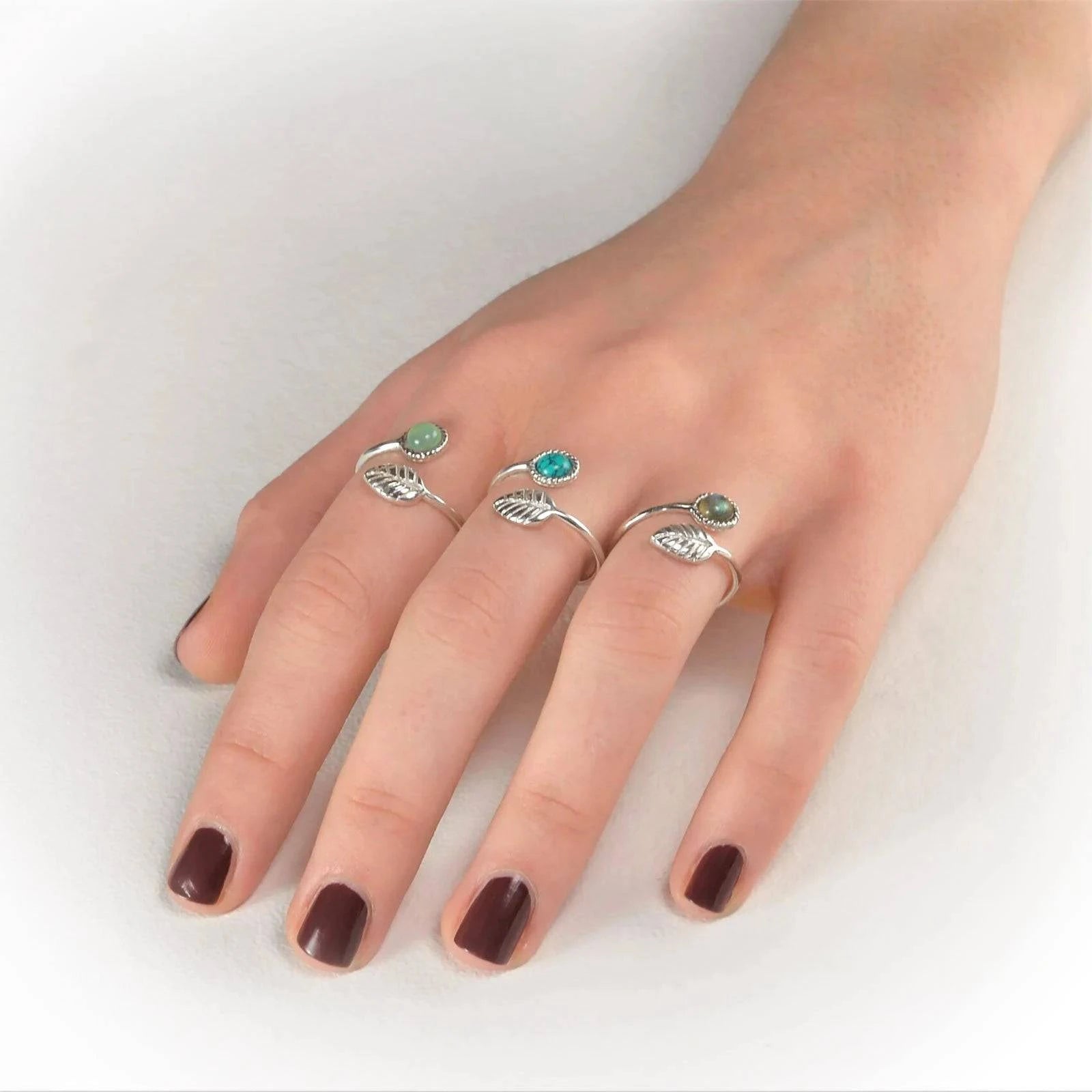 Adjustable Aqua Calci and Tiny Leaf Ring in Sterling Silver