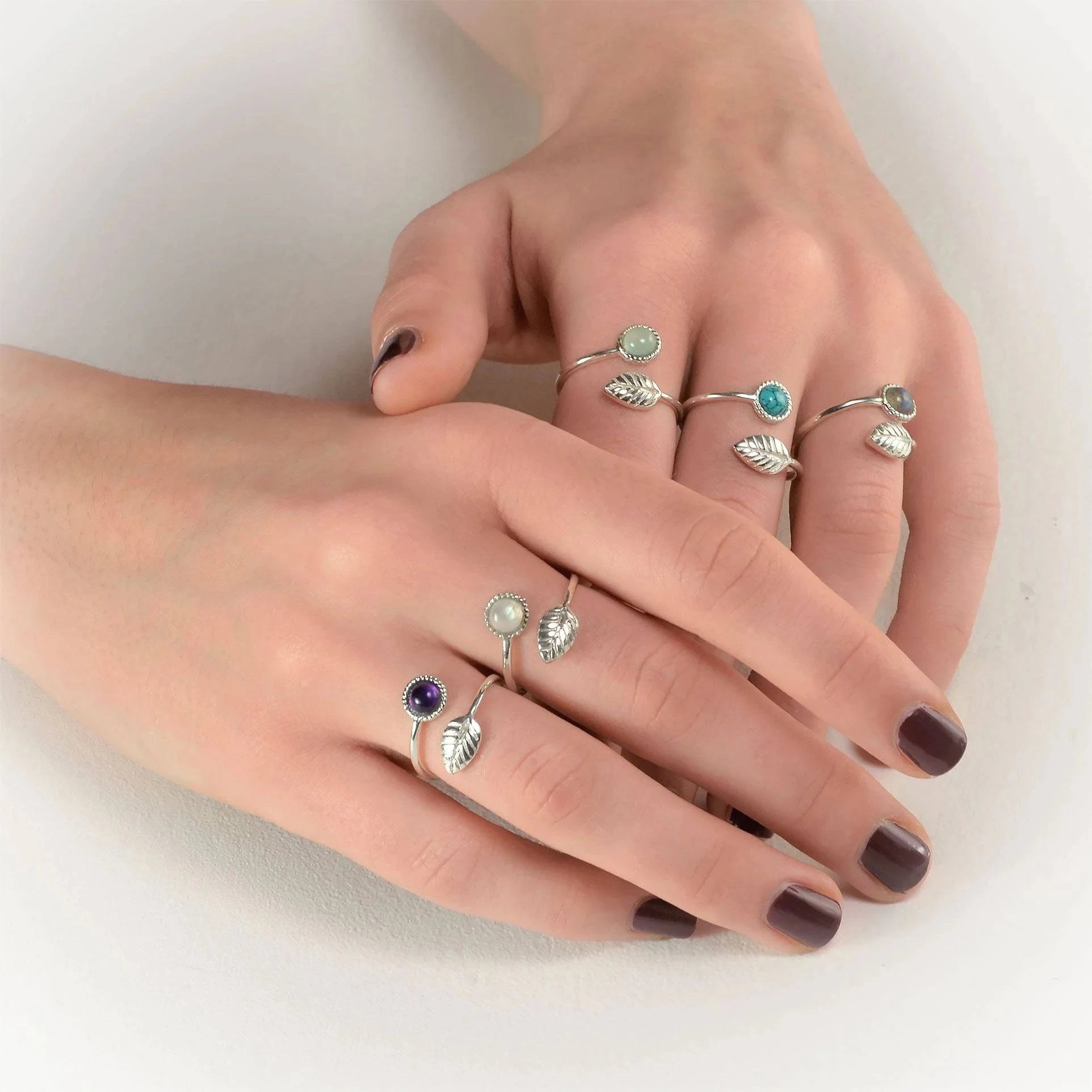 Adjustable Moonstone and Tiny Leaf Ring in Sterling Silver