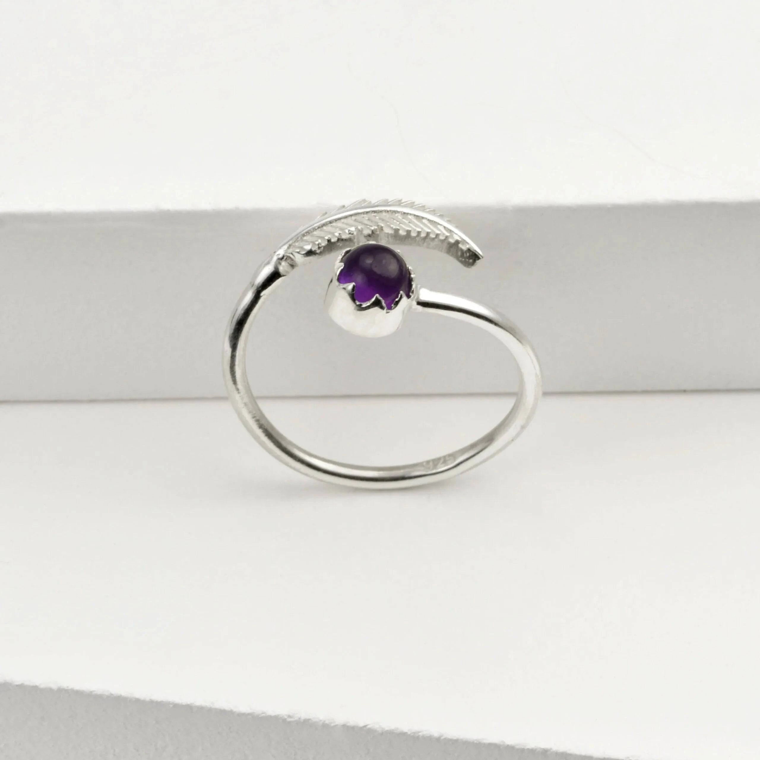 Adjustable Amethyst and Leaf Ring in Sterling Silver