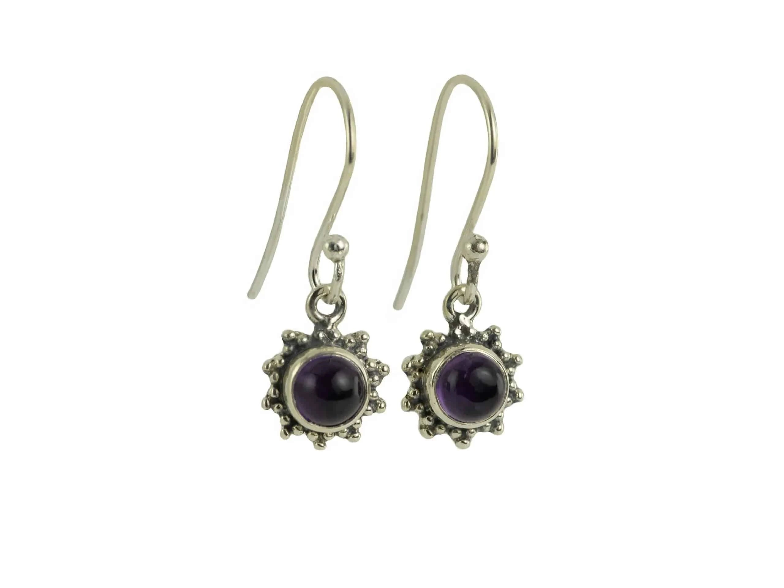 Star Motif Hook Dangle Earrings with Amethyst in Sterling Silver