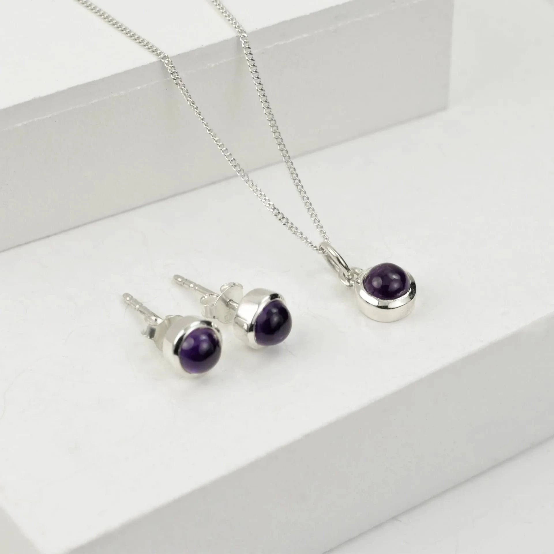 February Birthstone Jewellery Set - Amethyst Studs and Charm Necklace