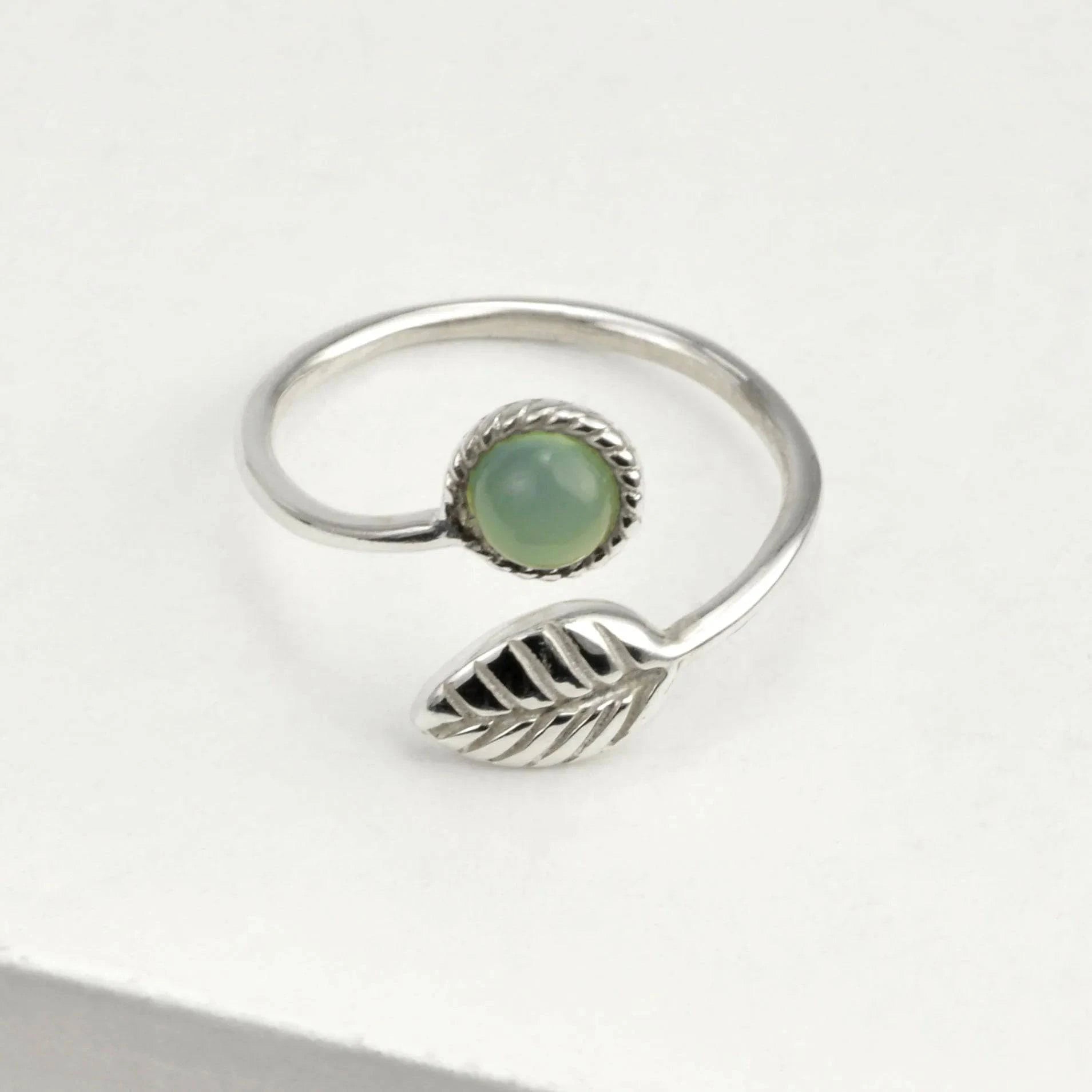 Adjustable Aqua Calci and Tiny Leaf Ring in Sterling Silver